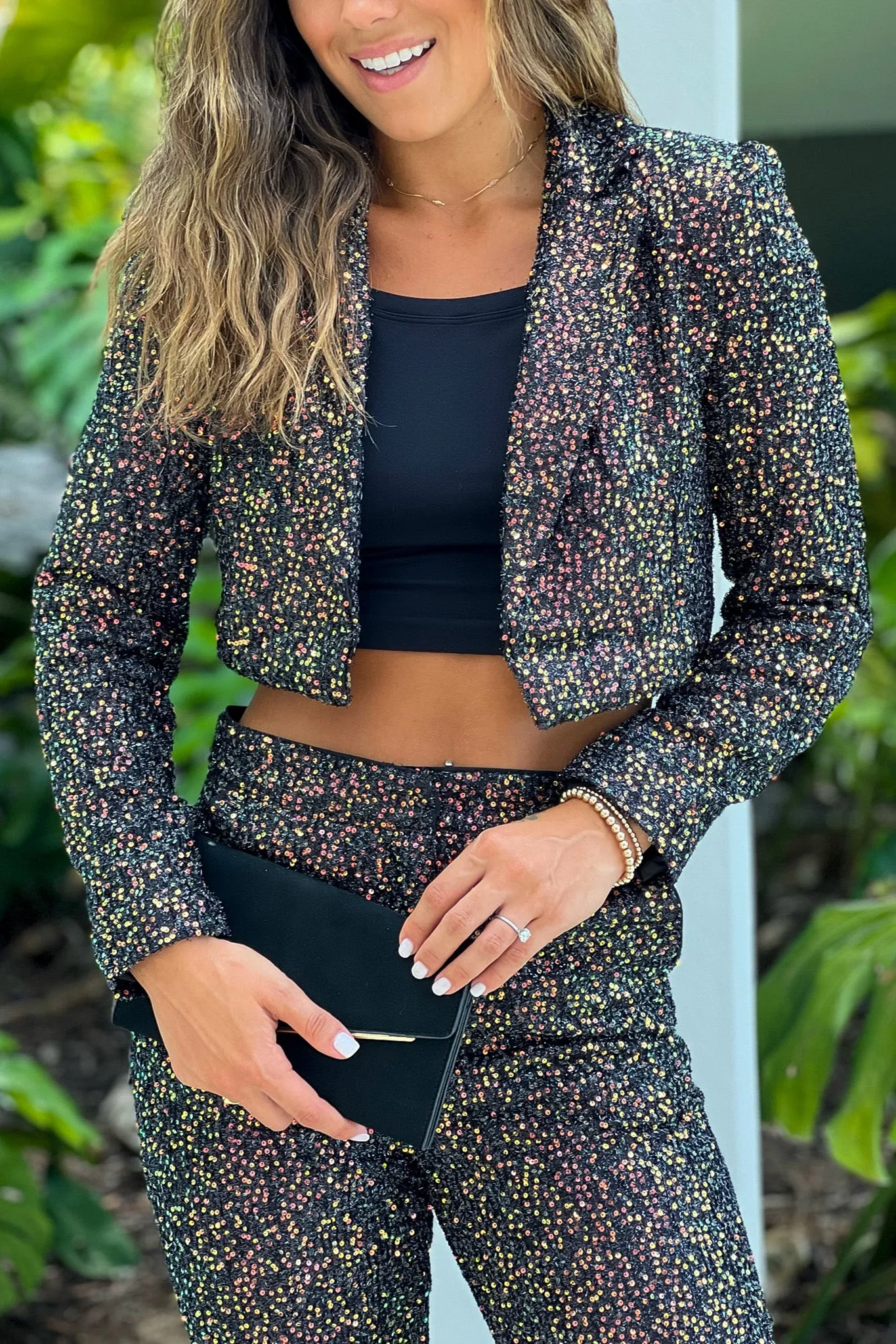 Black Sequin Pants And Cropped Blazer Set