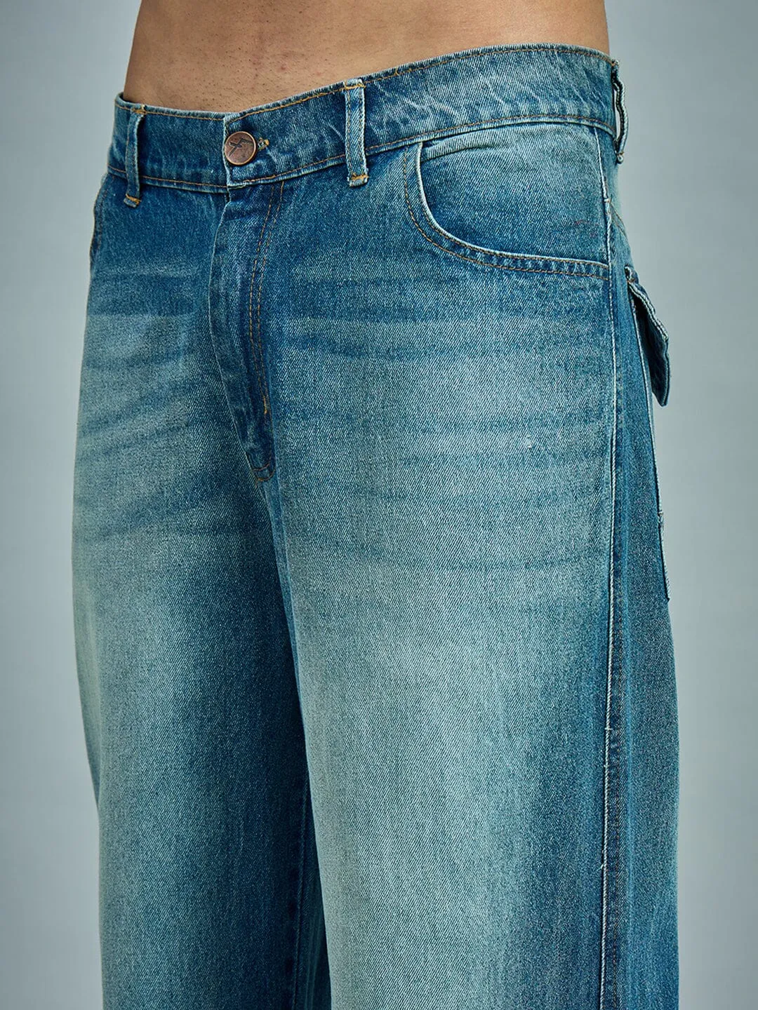 Blue Washed Bootcut Loose Fit Jeans