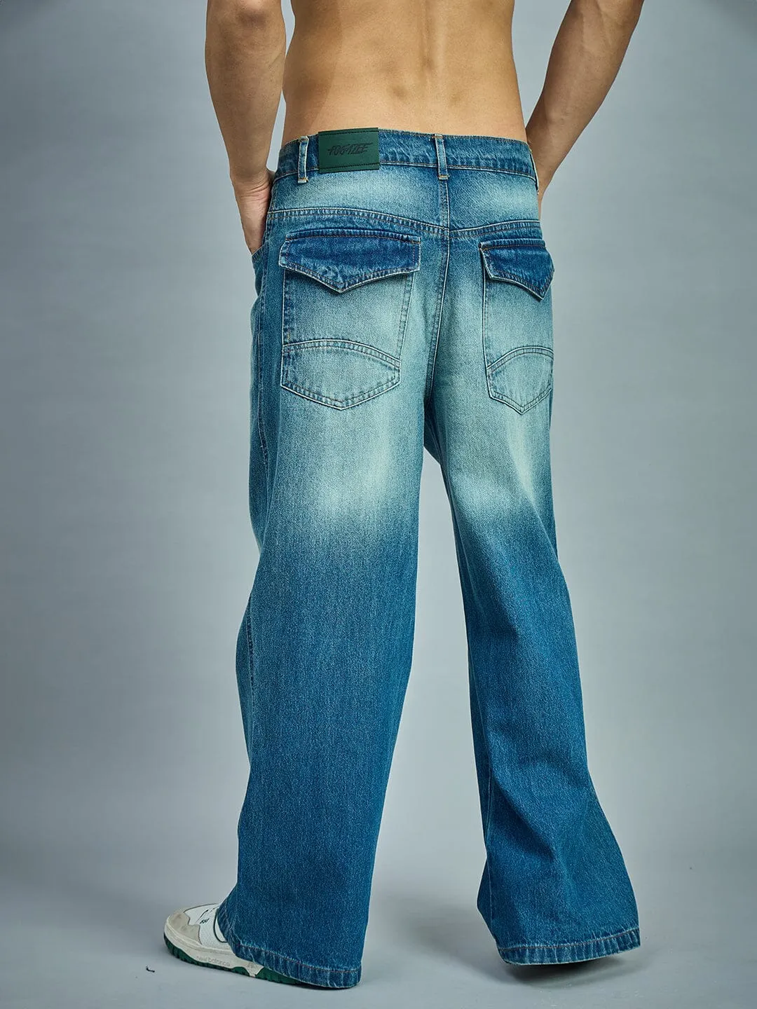 Blue Washed Bootcut Loose Fit Jeans