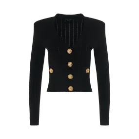 Buttoned Knit Crop Cardigan in Black