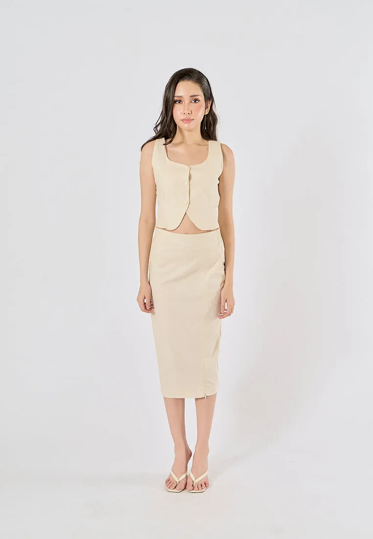 Cerviel Beige Zipper Fly WIth Side Slit Midi Pencil Skirt