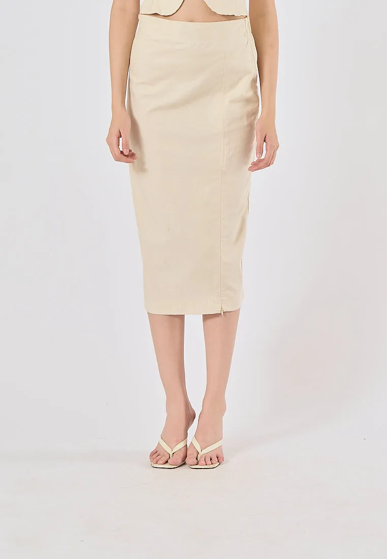 Cerviel Beige Zipper Fly WIth Side Slit Midi Pencil Skirt