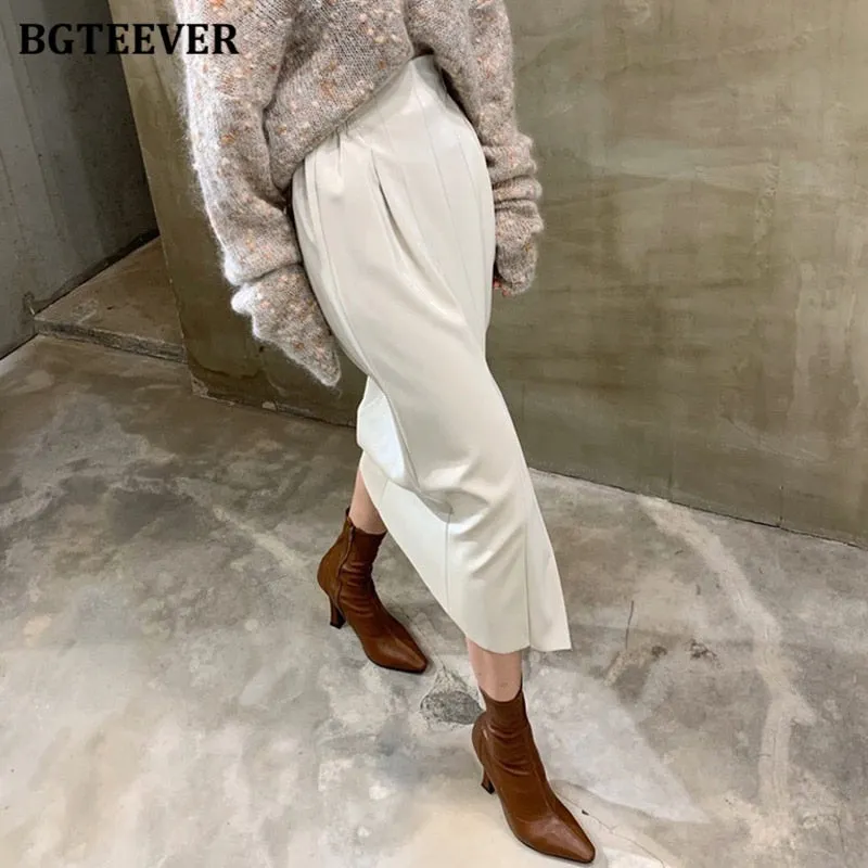 Christmas Gift Joskaa Fashion High Waist Split Female PU Leather Midi Skirts 2020 Autumn Streetwear Women Skinny Package Hip Skirts