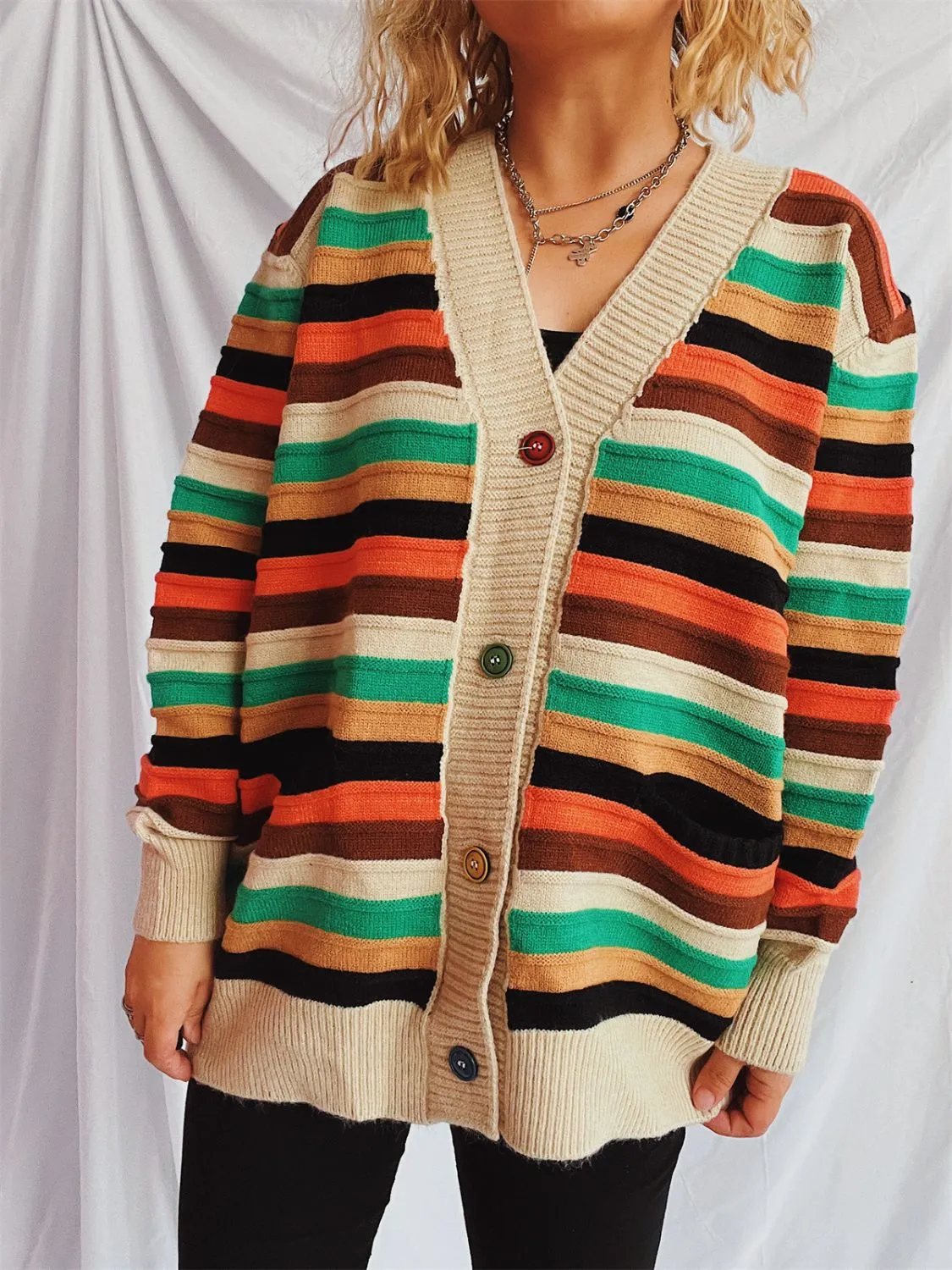 Contrast Stripes Button Up Long Sleeve Cardigan