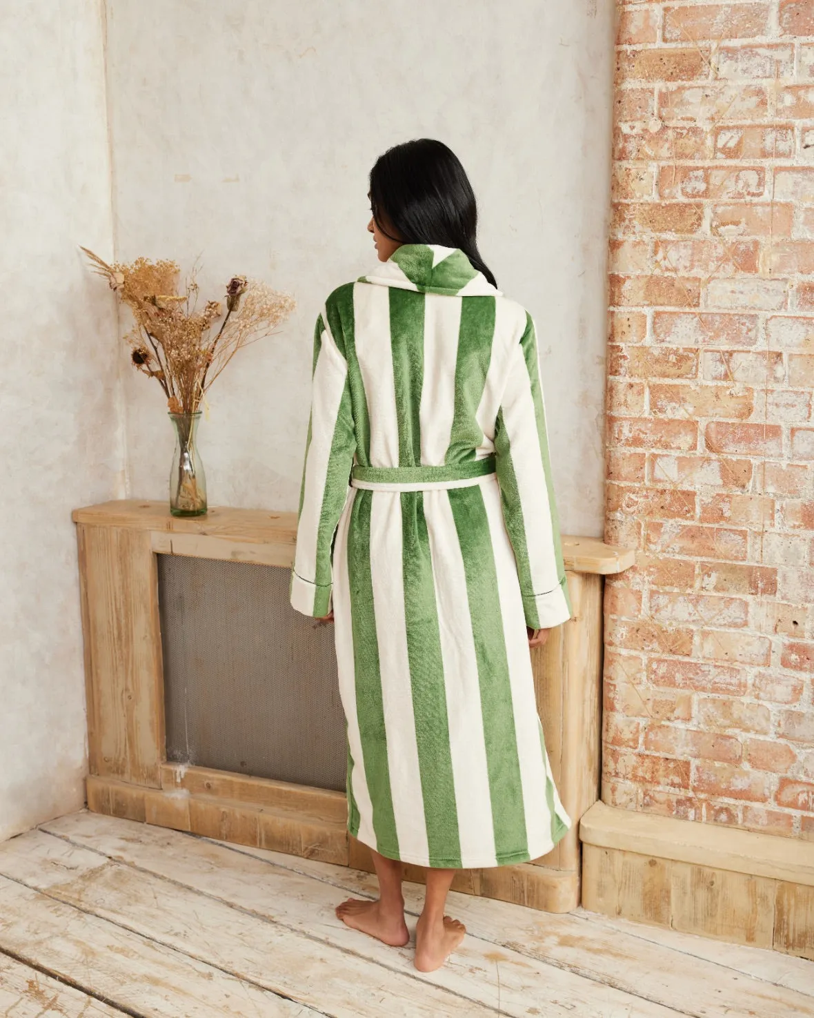 Fleece Stripe Dressing Gown - Green