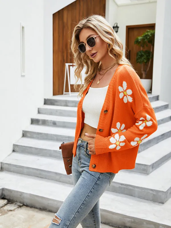 Floral Knit Buttoned Drop Shoulder V-Neck Crop Sweater Cardigan