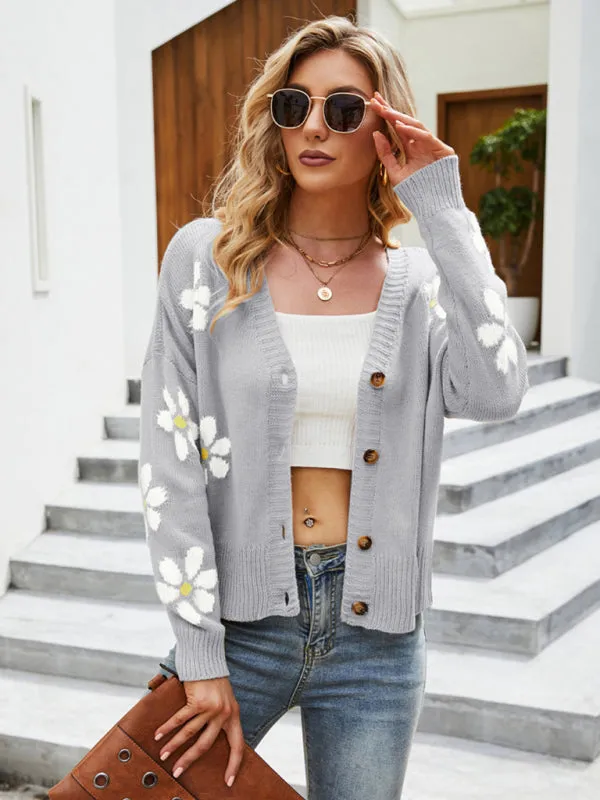 Floral Knit Buttoned Drop Shoulder V-Neck Crop Sweater Cardigan