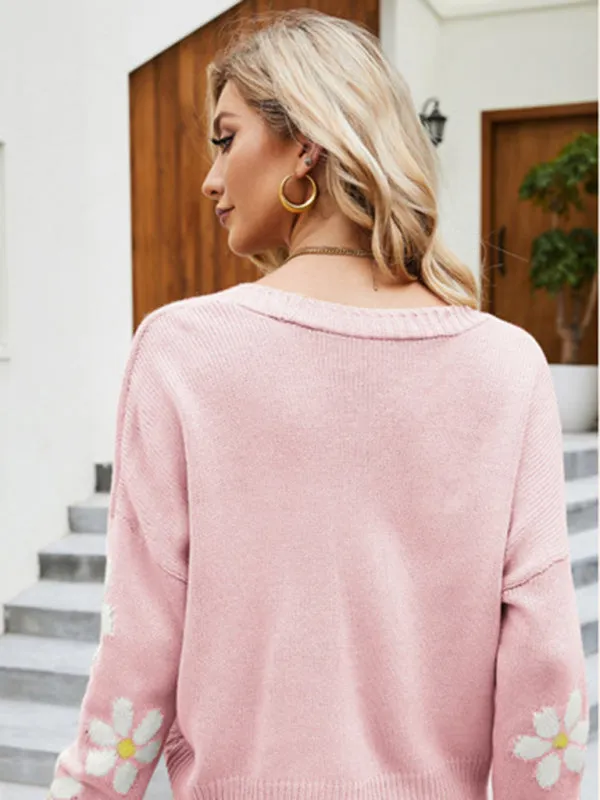 Floral Knit Buttoned Drop Shoulder V-Neck Crop Sweater Cardigan