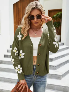 Floral Knit Buttoned Drop Shoulder V-Neck Crop Sweater Cardigan