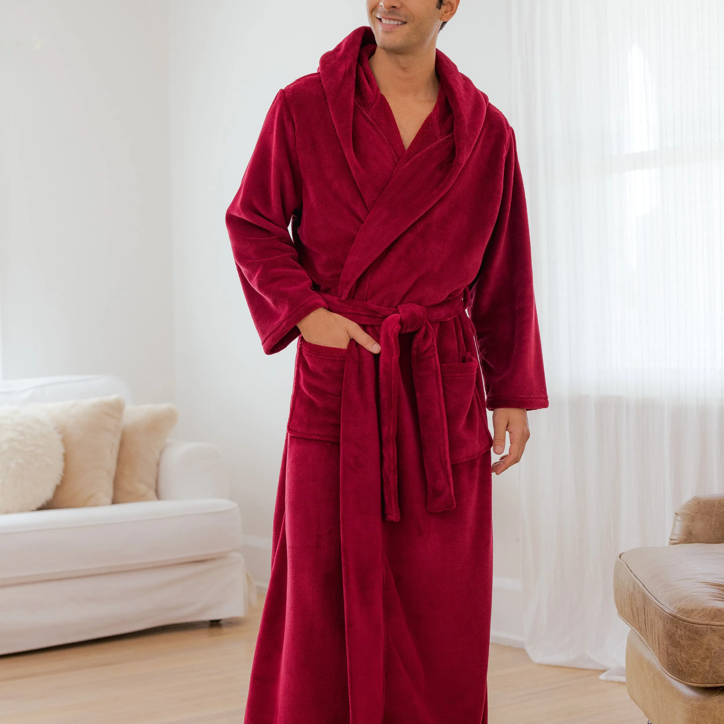 Men's Plush Fleece Hooded Bathrobe, Full Length Long Warm Lounge Robe with Hood Burgundy 6XL (A0125BRG6X)