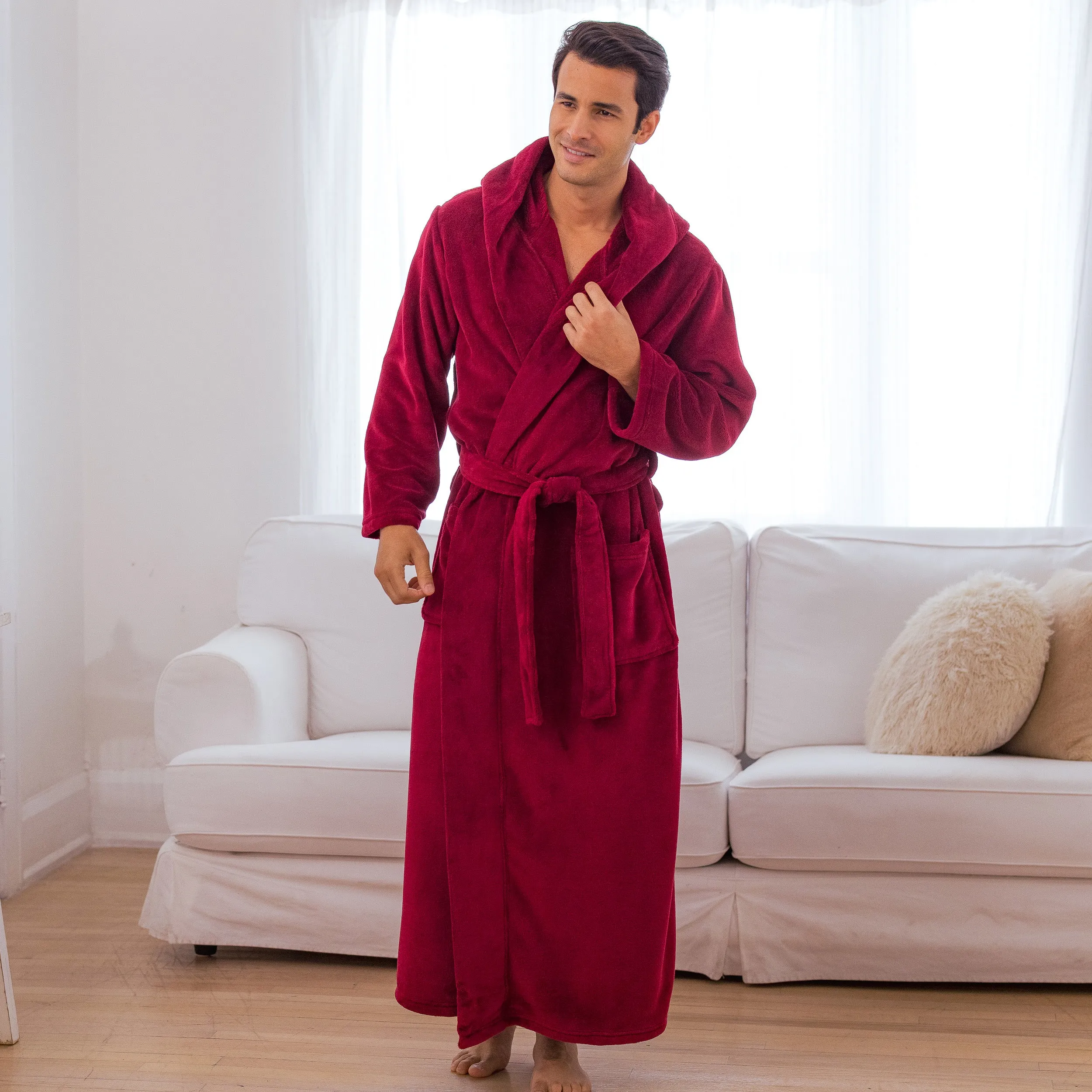 Men's Plush Fleece Hooded Bathrobe, Full Length Long Warm Lounge Robe with Hood Burgundy 6XL (A0125BRG6X)