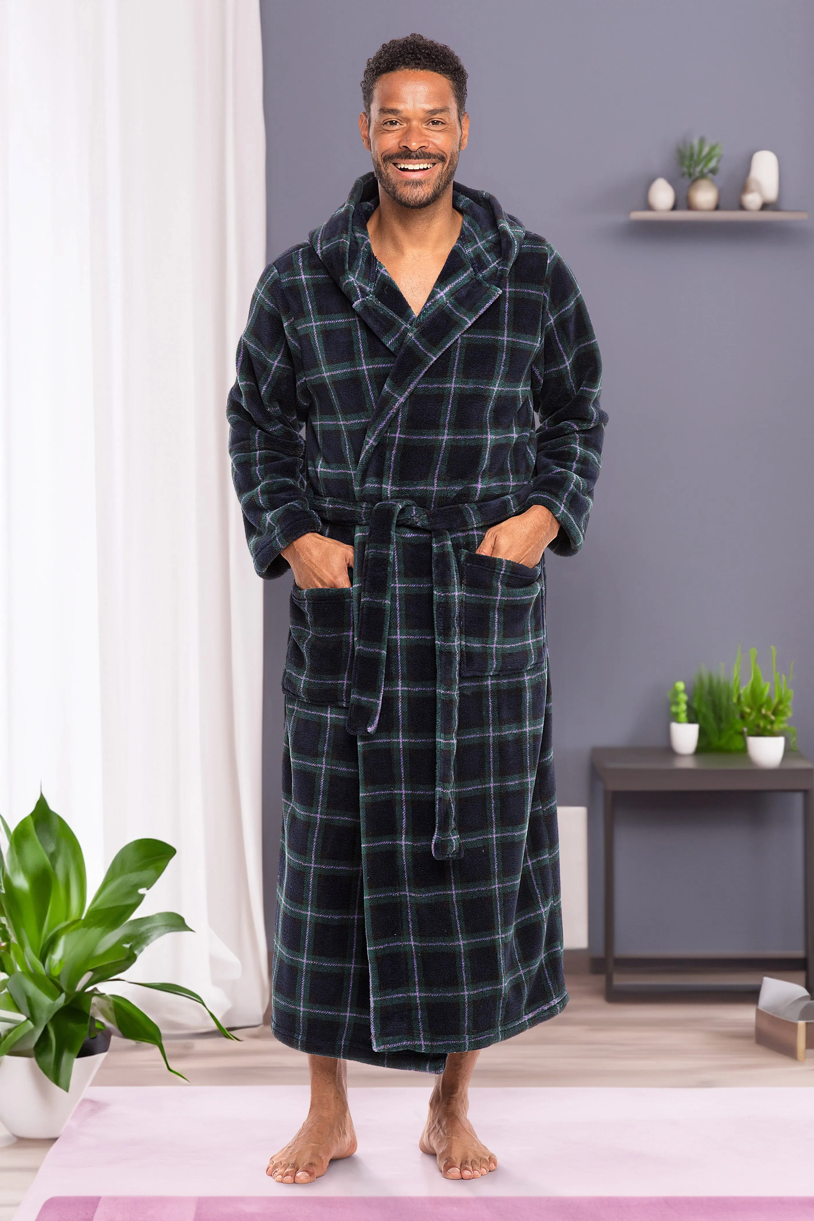 Men's Plush Fleece Hooded Bathrobe, Full Length Long Warm Lounge Robe with Hood