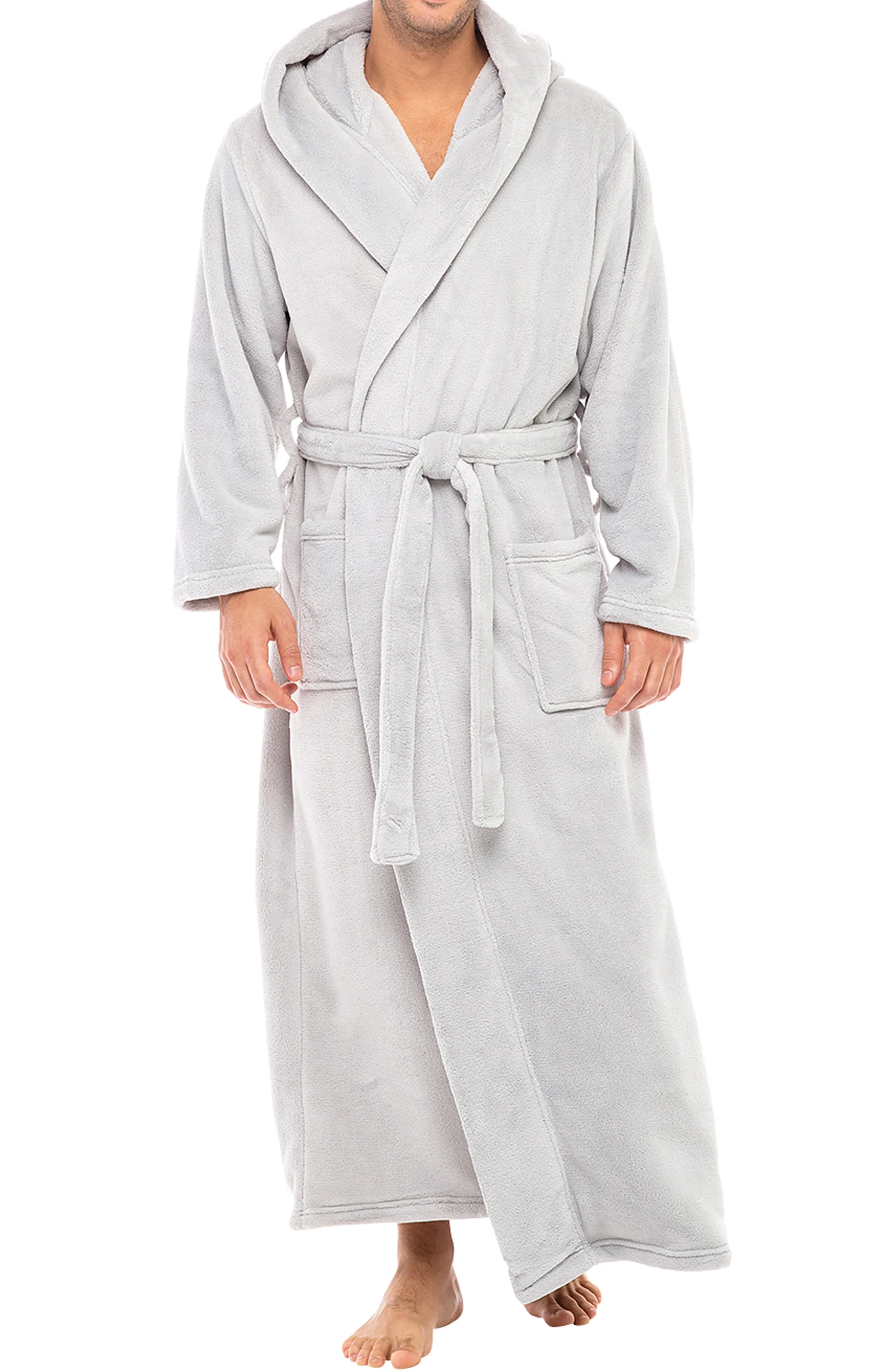 Men's Plush Fleece Hooded Bathrobe, Full Length Long Warm Lounge Robe with Hood