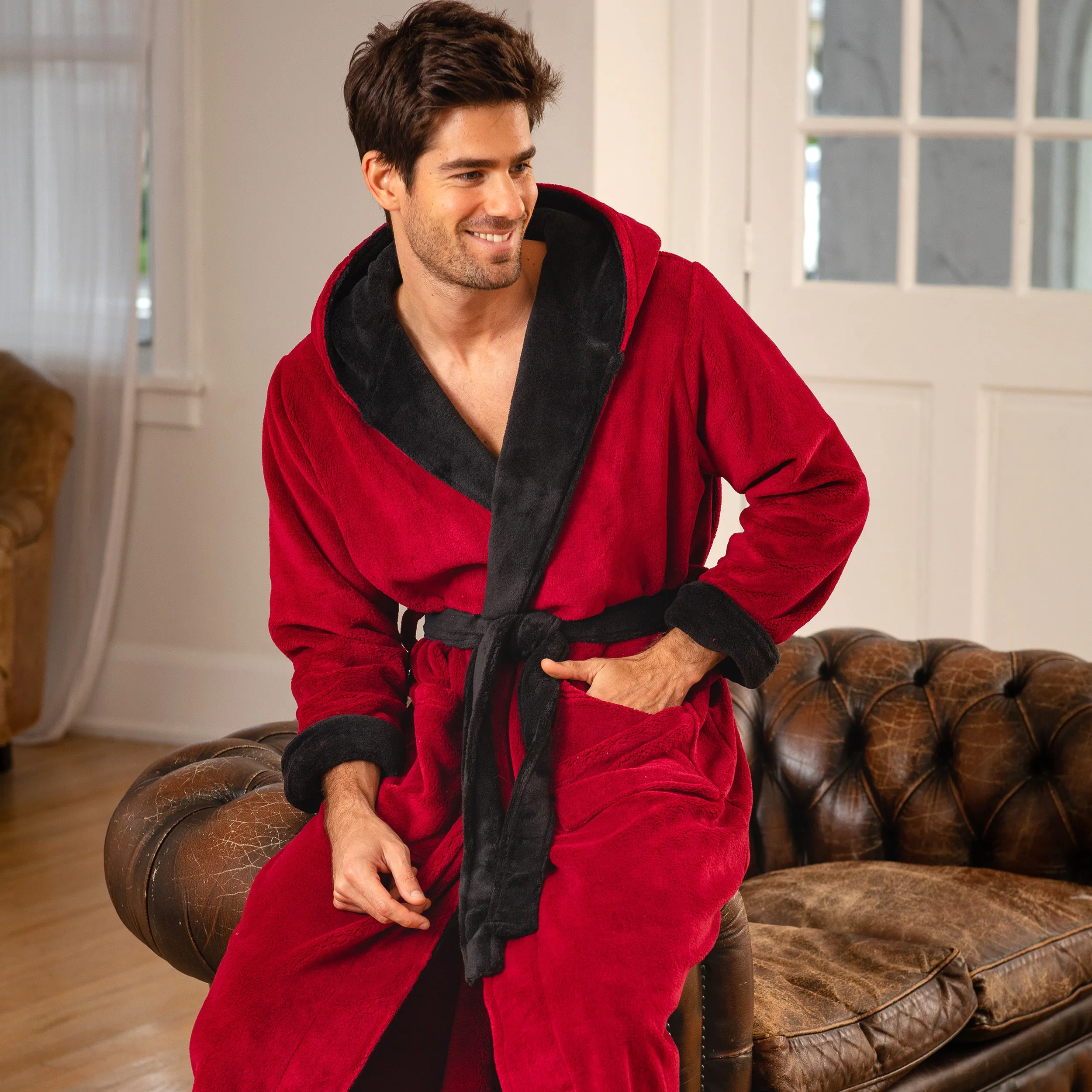 Men's Plush Fleece Hooded Bathrobe, Full Length Long Warm Lounge Robe with Hood