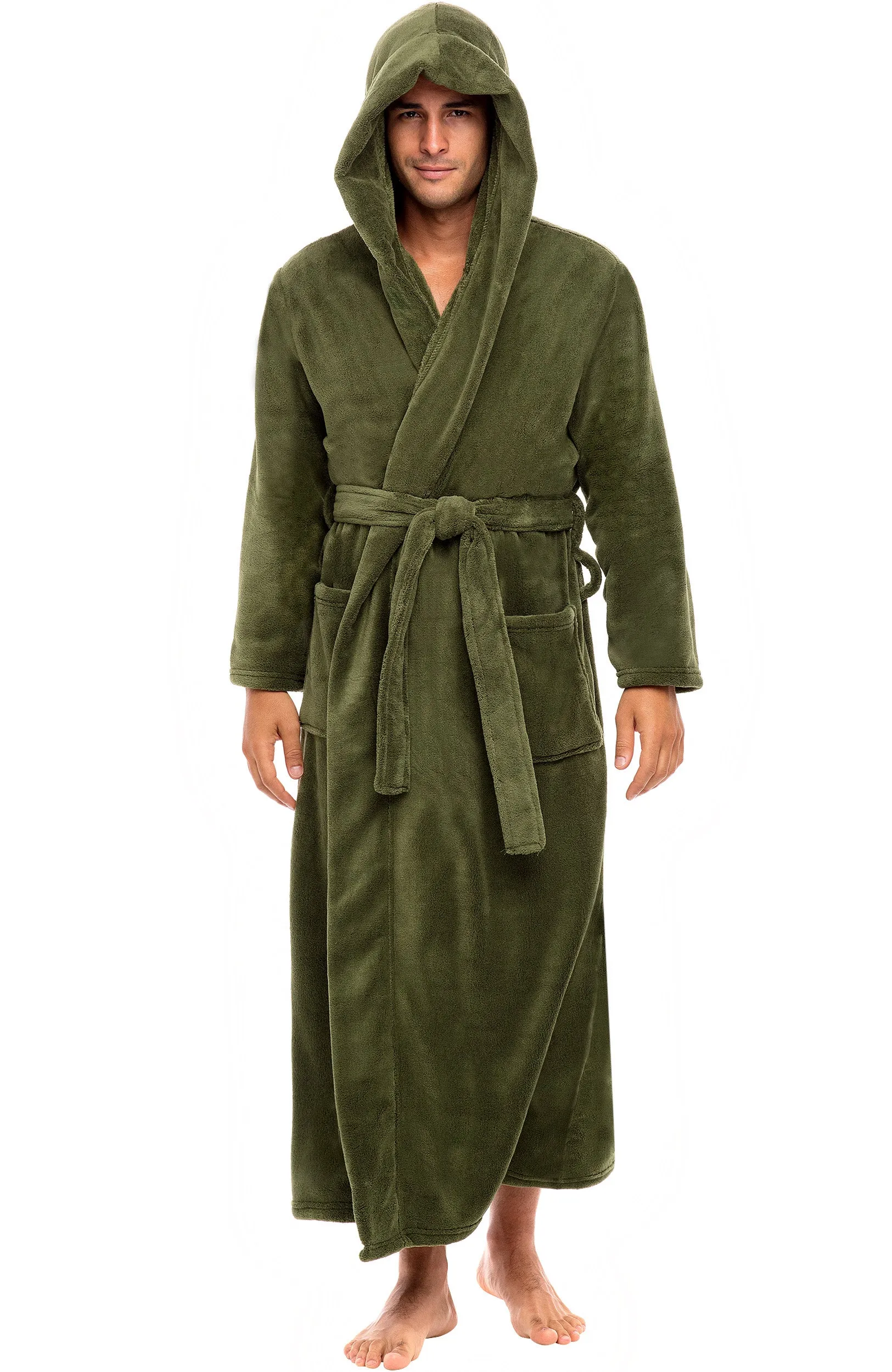 Men's Plush Fleece Hooded Bathrobe, Full Length Long Warm Lounge Robe with Hood