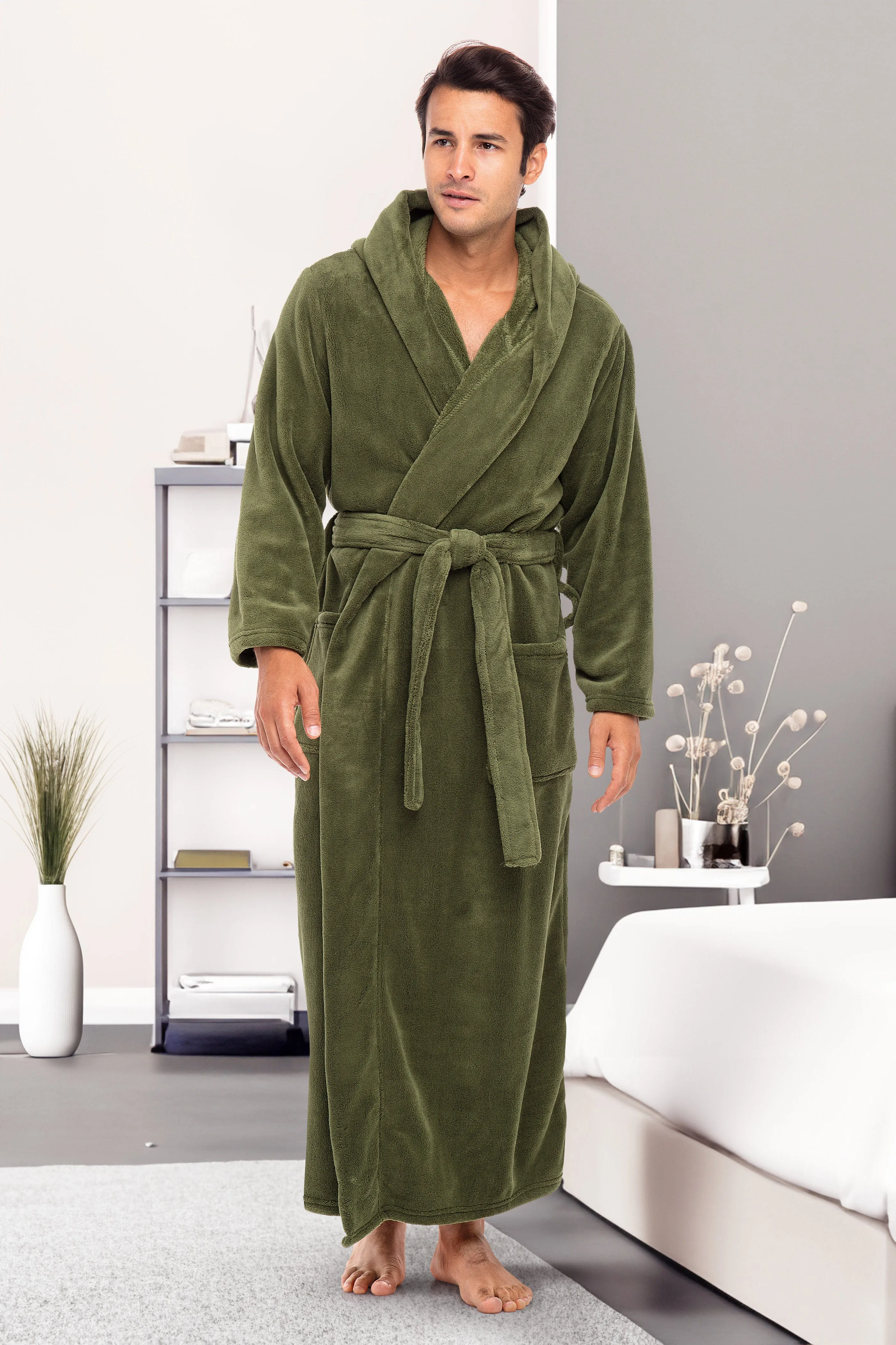 Men's Plush Fleece Hooded Bathrobe, Full Length Long Warm Lounge Robe with Hood