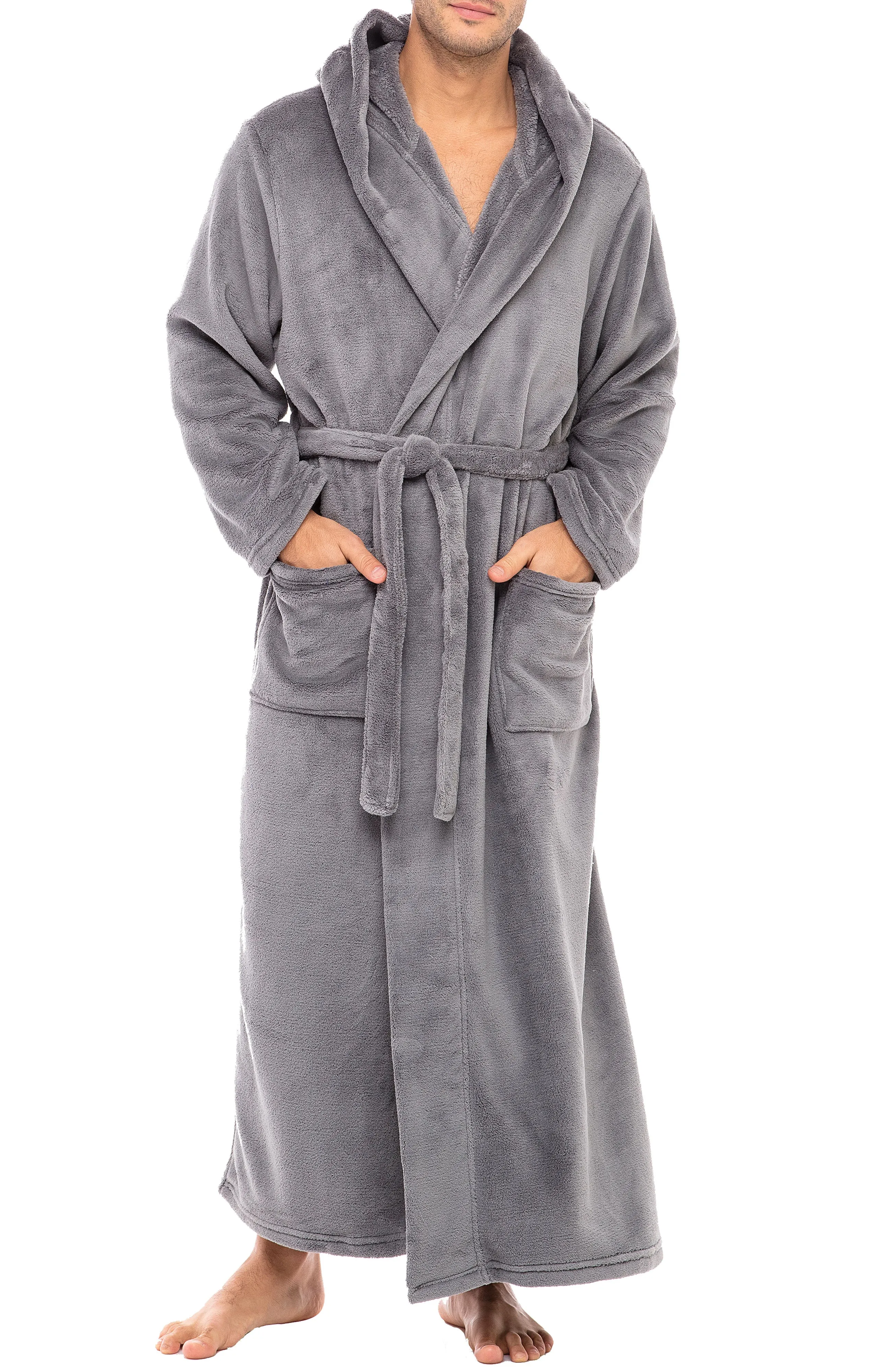 Men's Plush Fleece Hooded Bathrobe, Full Length Long Warm Lounge Robe with Hood