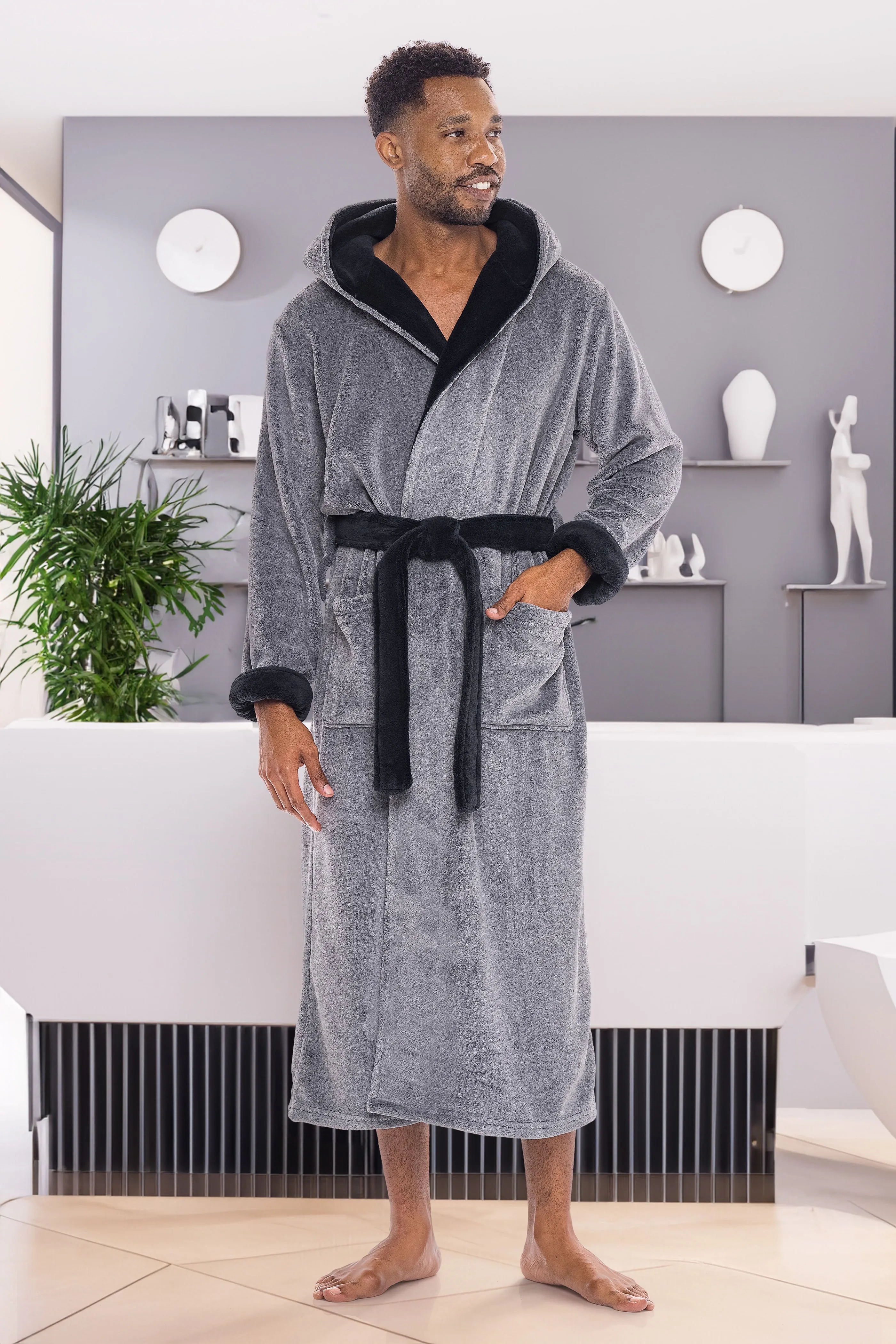 Men's Plush Fleece Hooded Bathrobe, Full Length Long Warm Lounge Robe with Hood