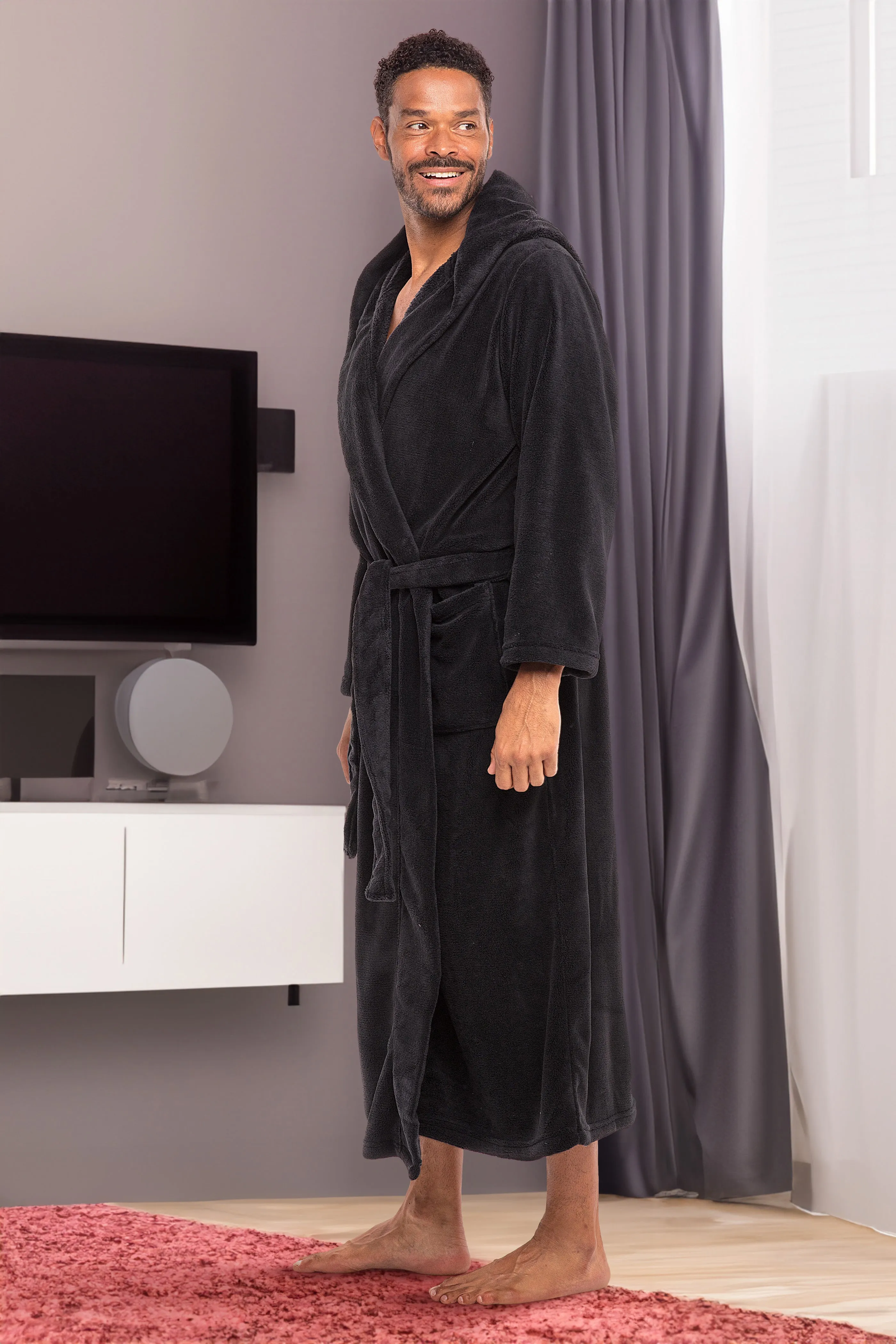 Men's Plush Fleece Hooded Bathrobe, Full Length Long Warm Lounge Robe with Hood