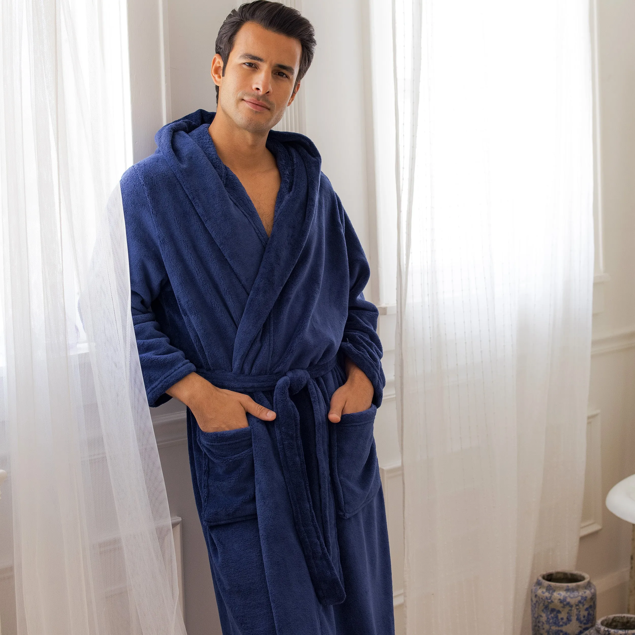 Men's Plush Fleece Hooded Bathrobe, Full Length Long Warm Lounge Robe with Hood