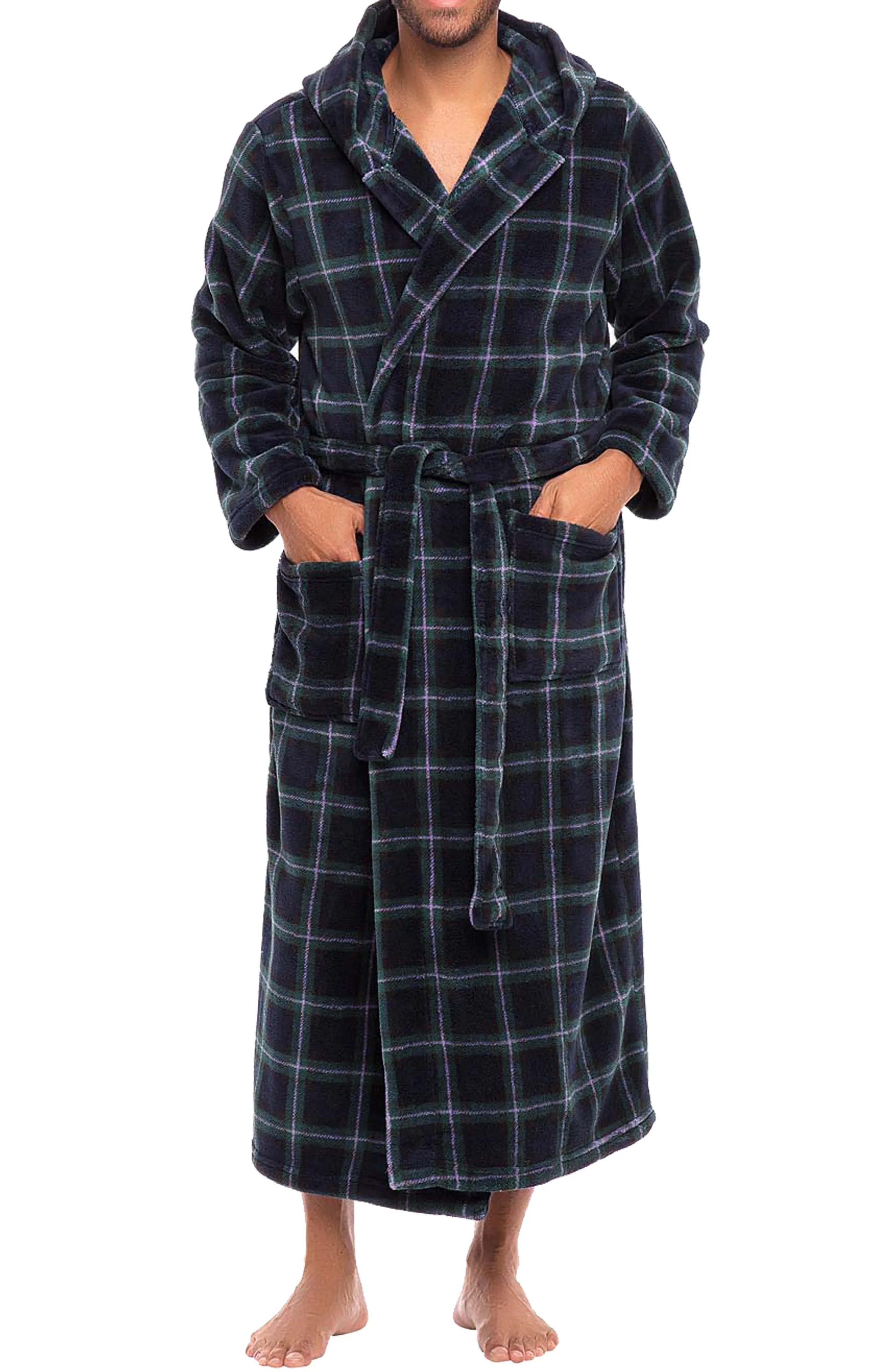 Men's Plush Fleece Hooded Bathrobe, Full Length Long Warm Lounge Robe with Hood