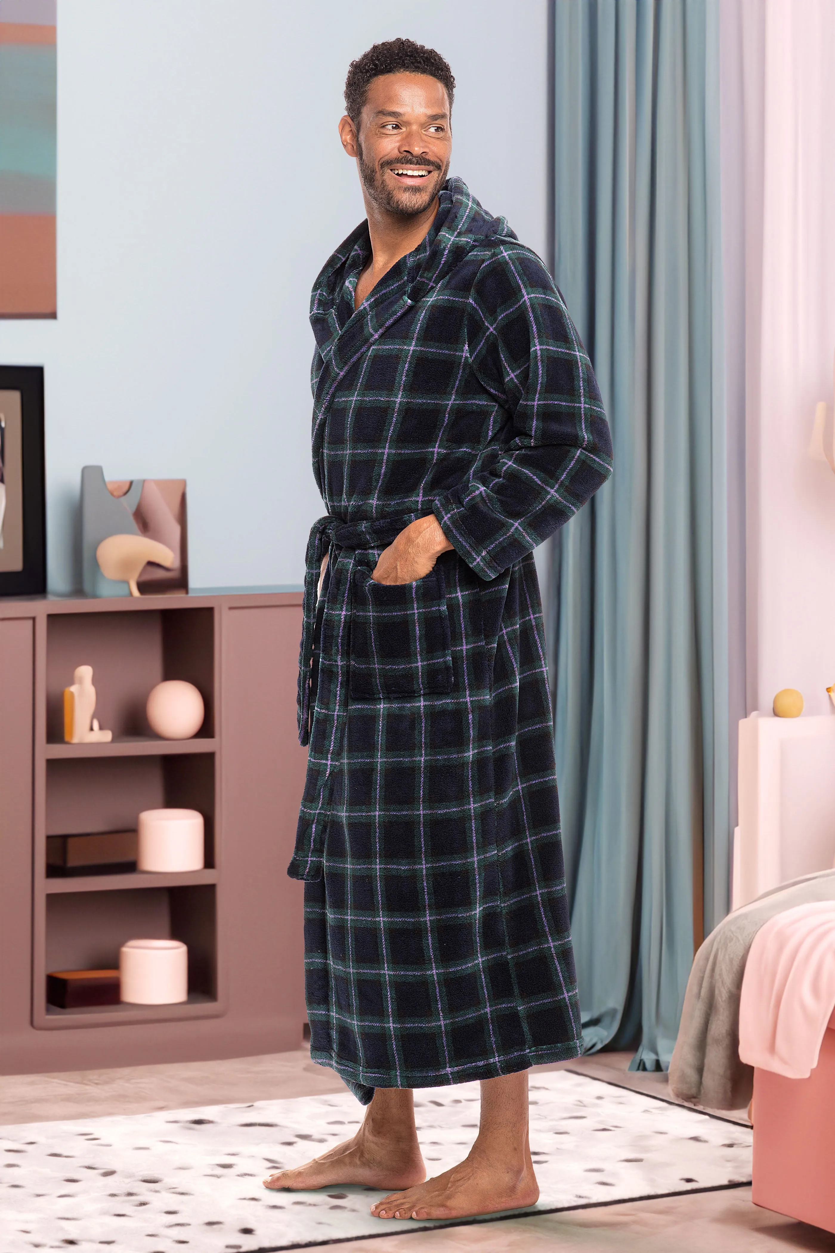 Men's Plush Fleece Hooded Bathrobe, Full Length Long Warm Lounge Robe with Hood