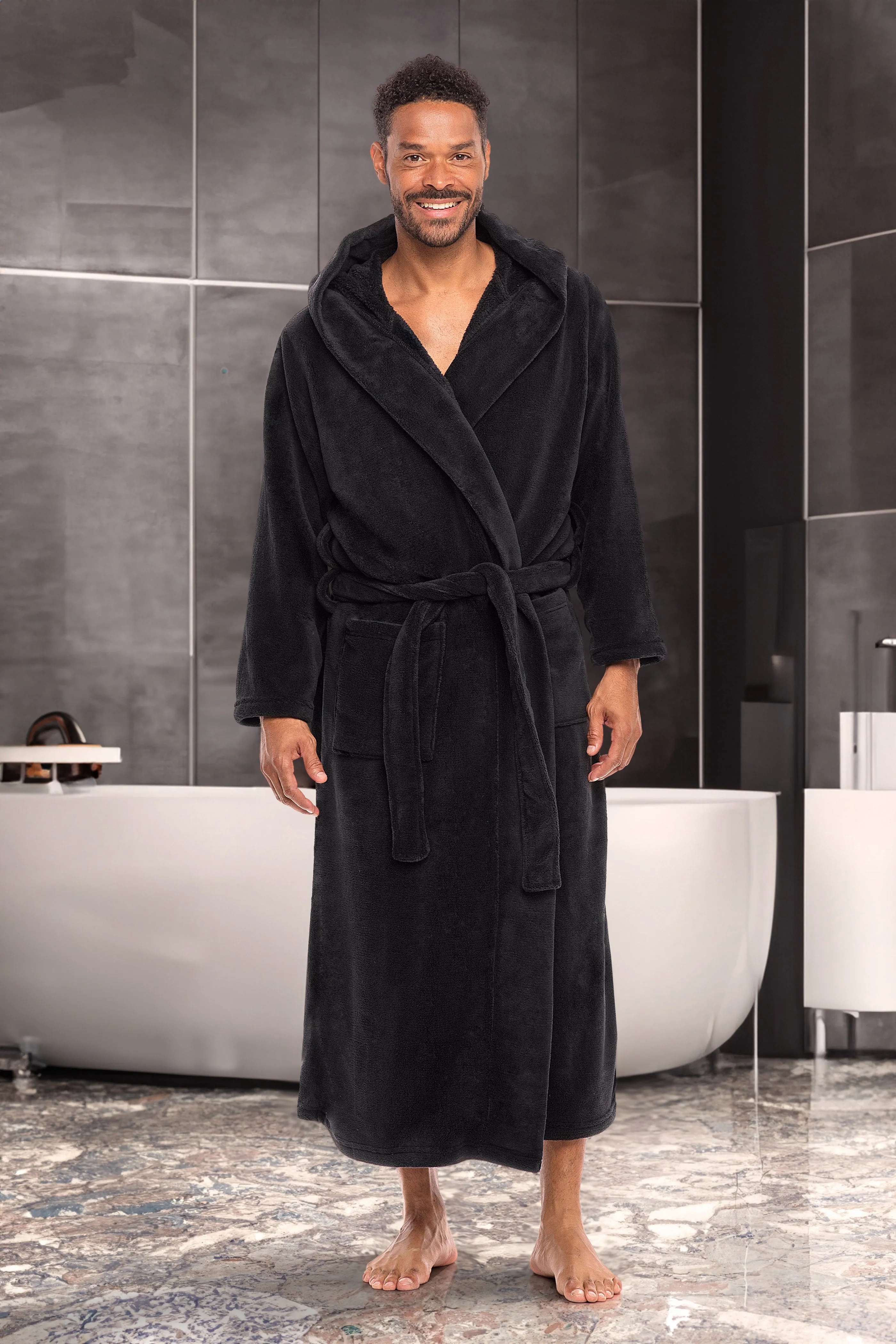 Men's Plush Fleece Hooded Bathrobe, Full Length Long Warm Lounge Robe with Hood