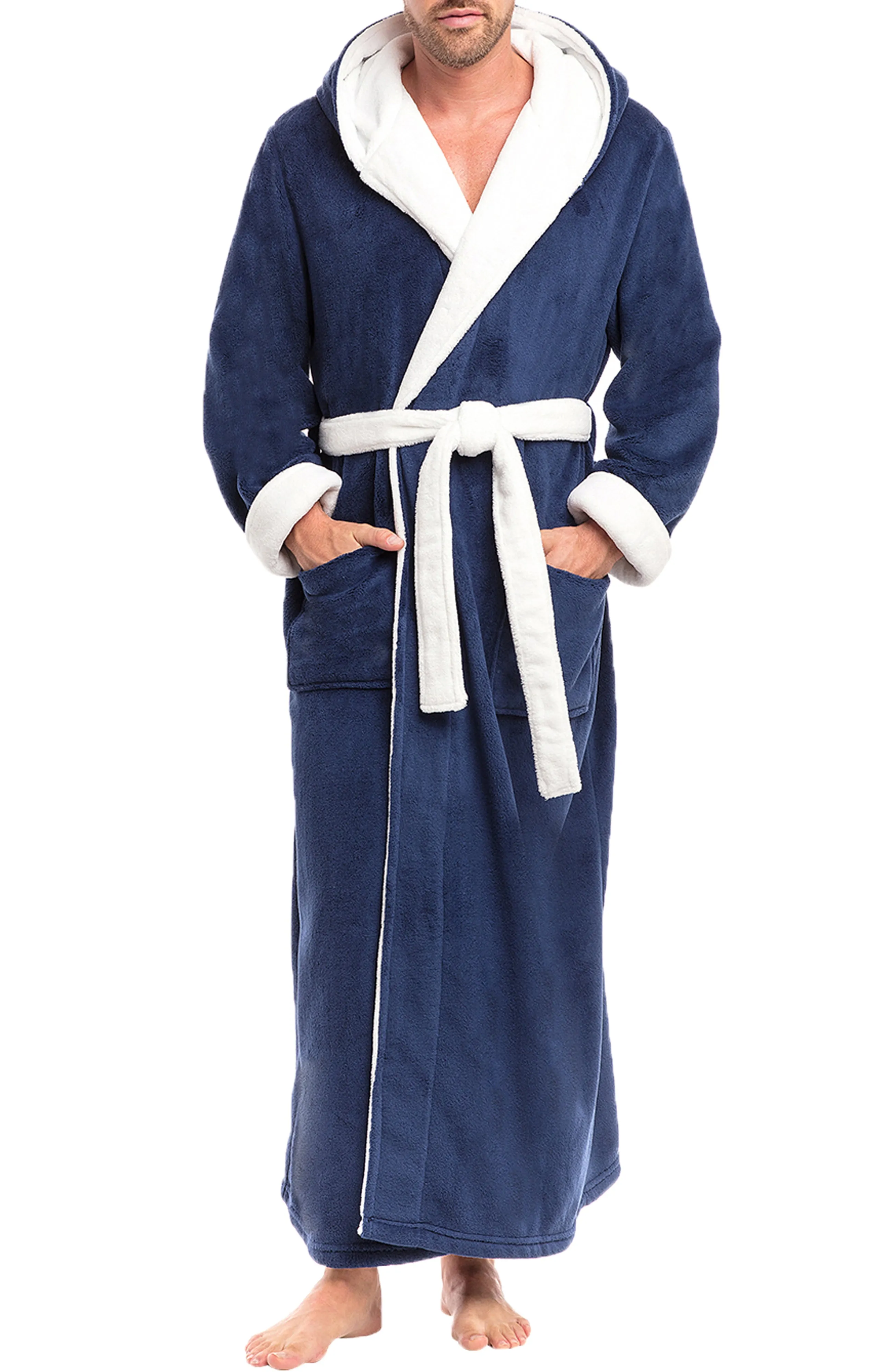 Men's Plush Fleece Hooded Bathrobe, Full Length Long Warm Lounge Robe with Hood