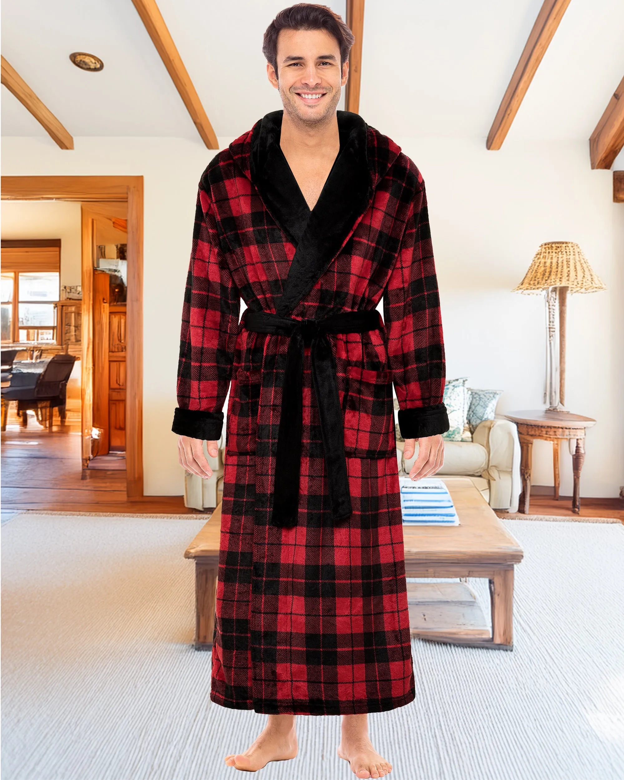 Men's Plush Fleece Hooded Bathrobe, Full Length Long Warm Lounge Robe with Hood