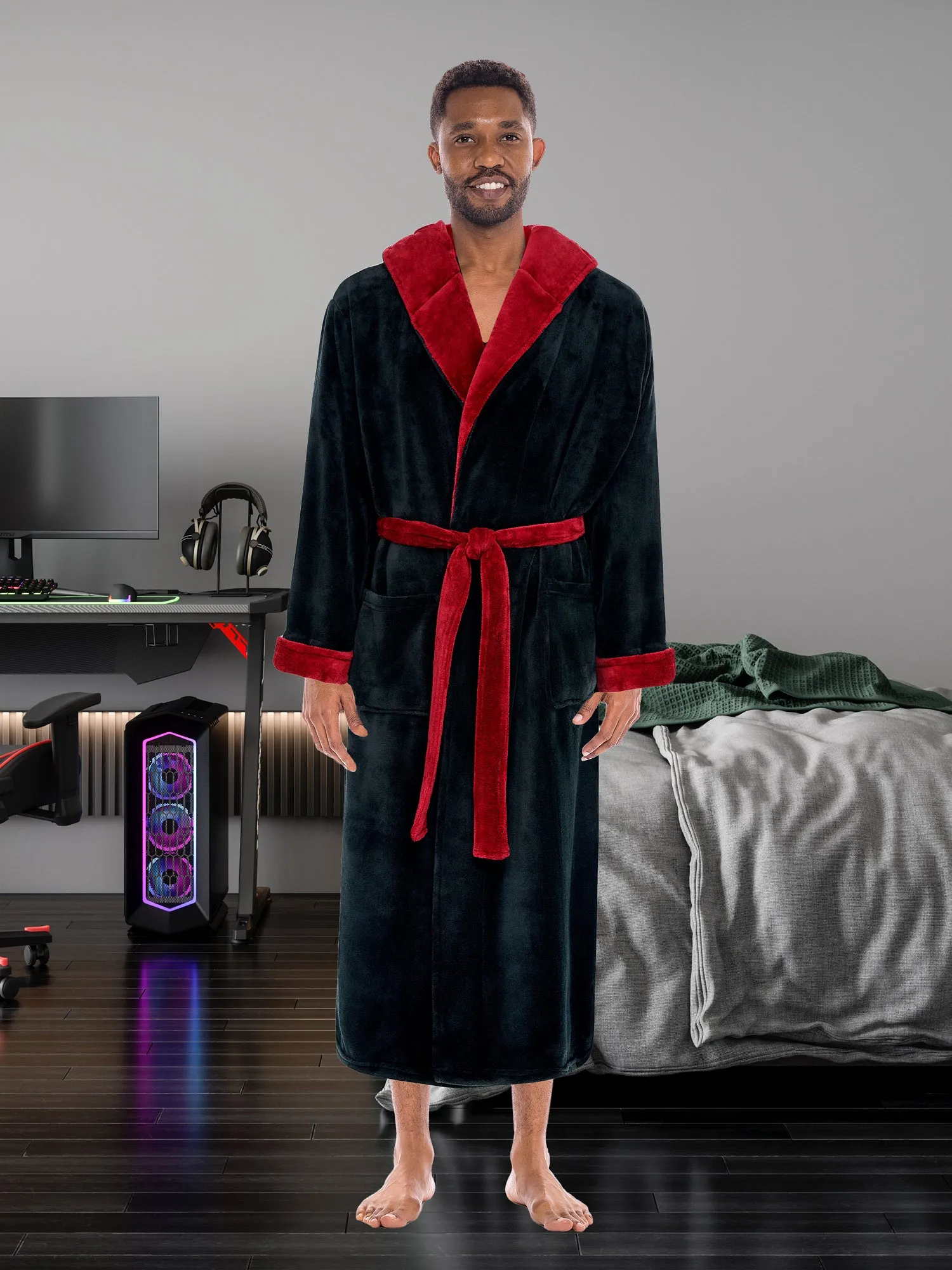 Men's Plush Fleece Hooded Bathrobe, Full Length Long Warm Lounge Robe with Hood