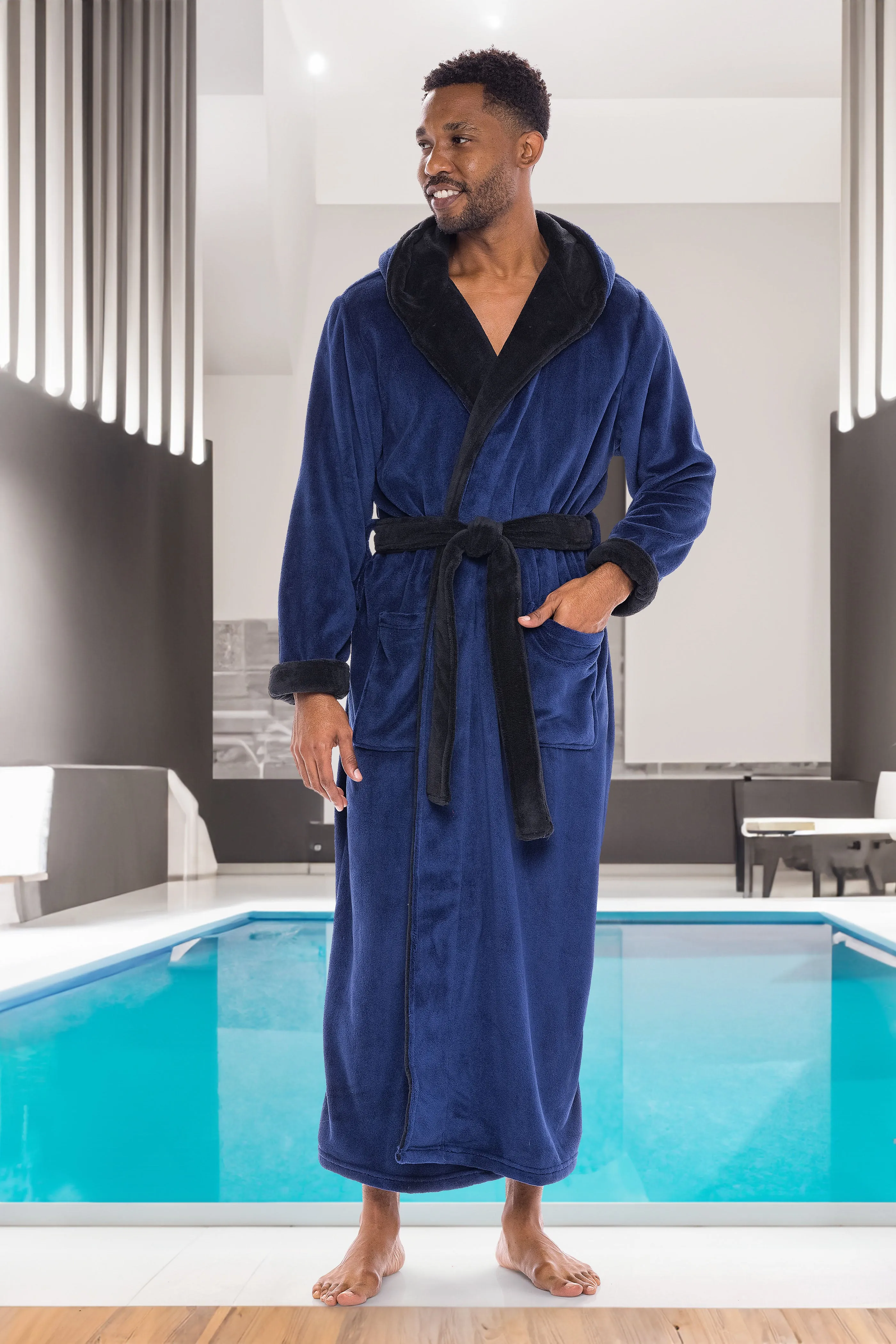 Men's Plush Fleece Hooded Bathrobe, Full Length Long Warm Lounge Robe with Hood