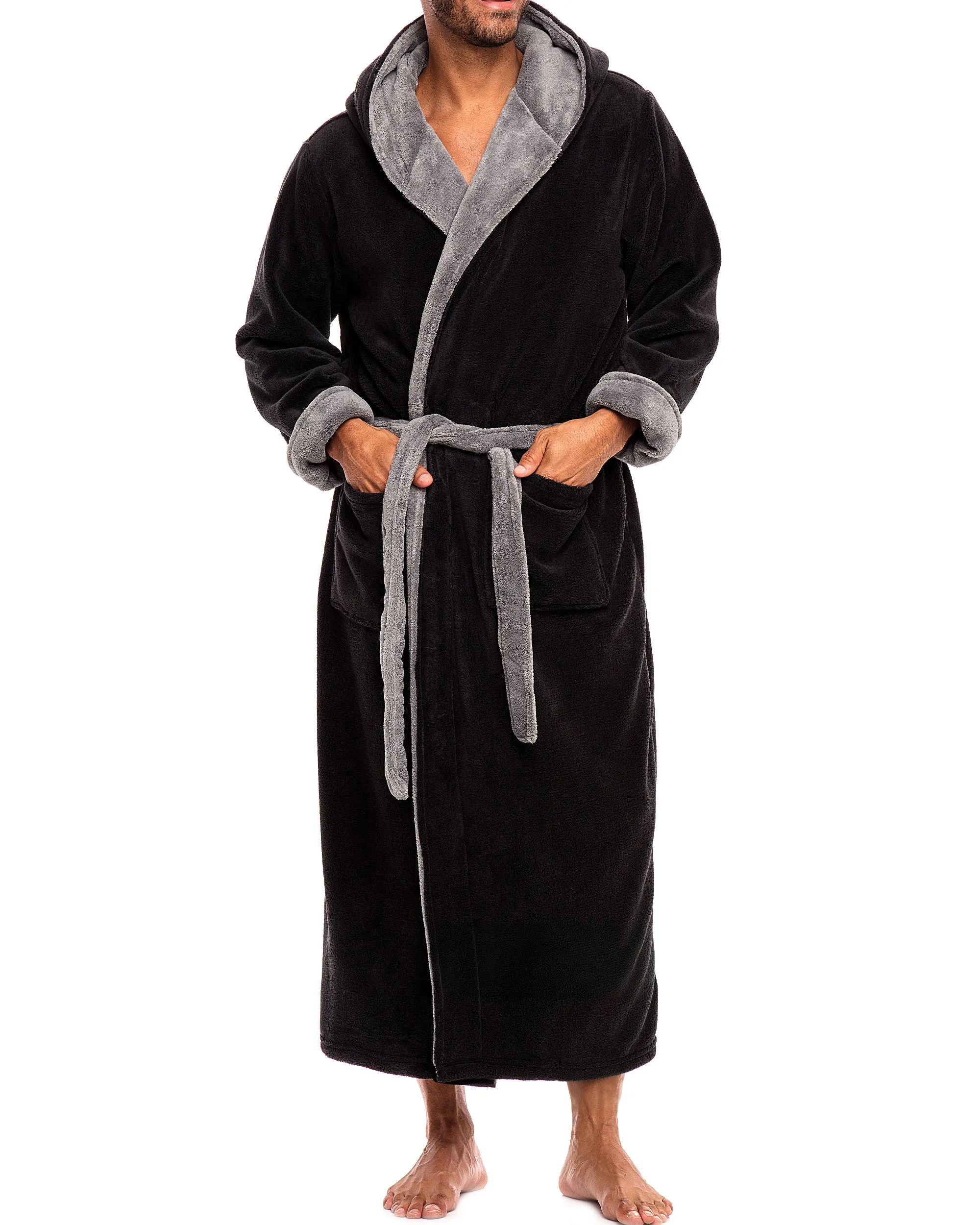 Men's Plush Fleece Hooded Bathrobe, Full Length Long Warm Lounge Robe with Hood