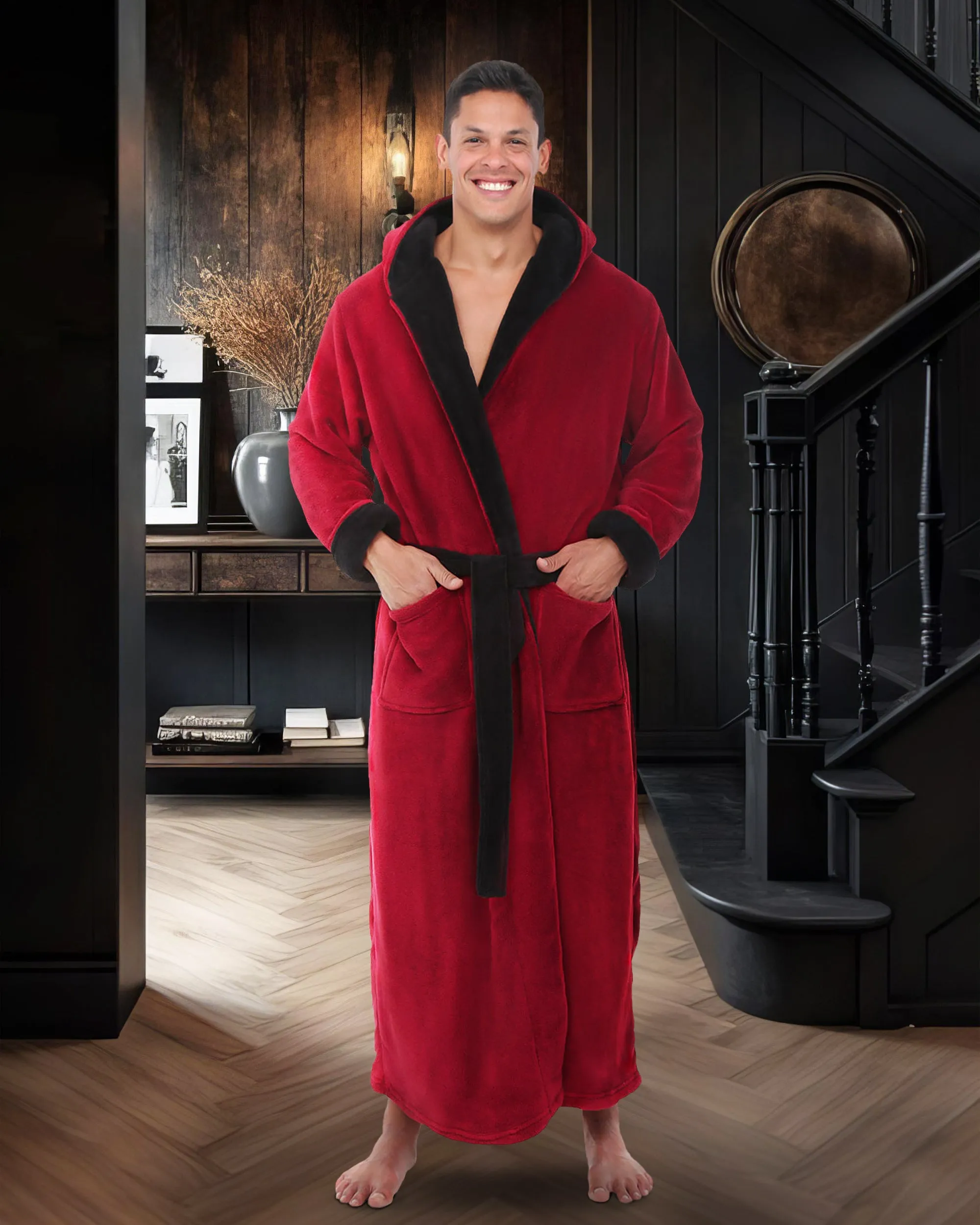 Men's Plush Fleece Hooded Bathrobe, Full Length Long Warm Lounge Robe with Hood