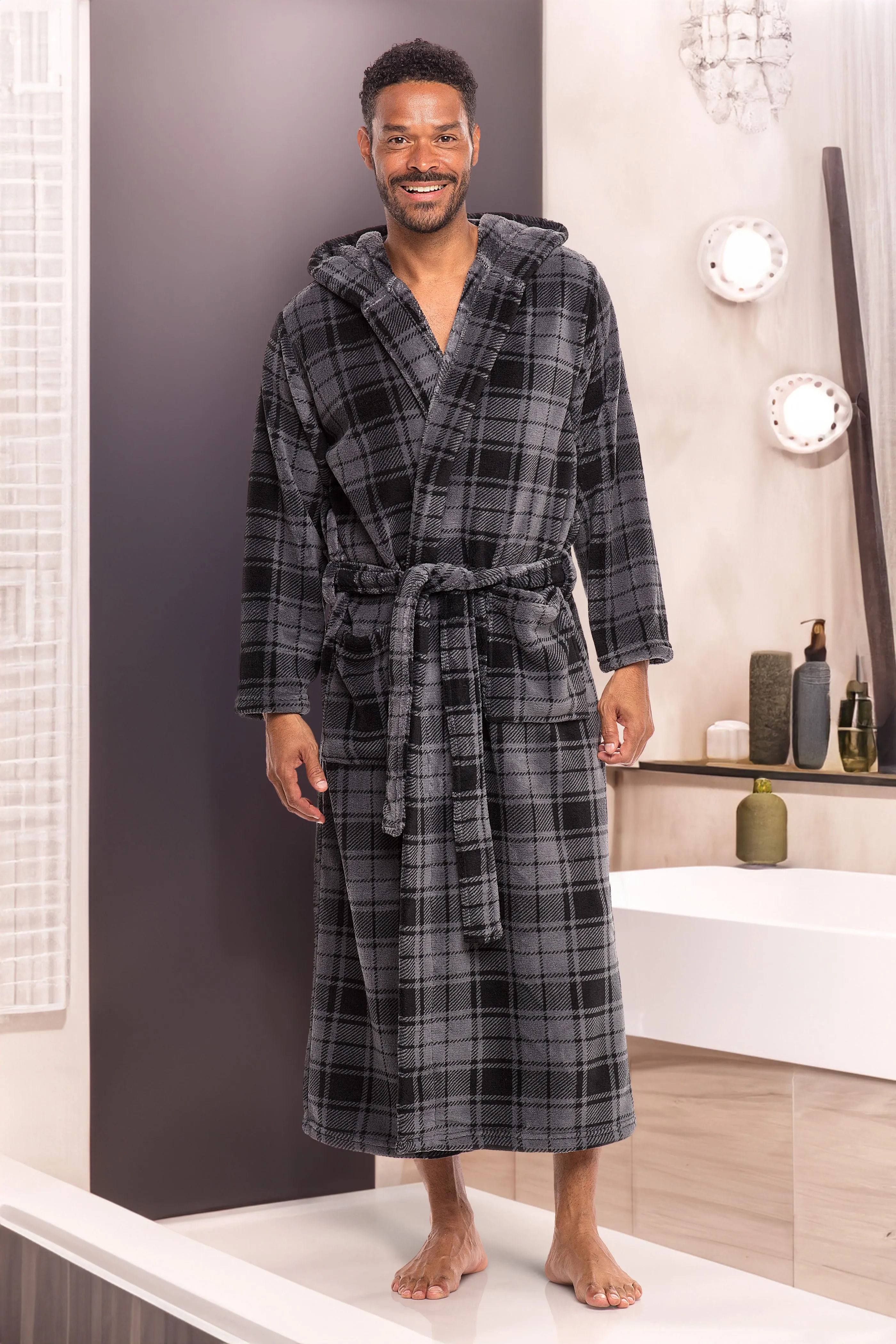 Men's Plush Fleece Hooded Bathrobe, Full Length Long Warm Lounge Robe with Hood