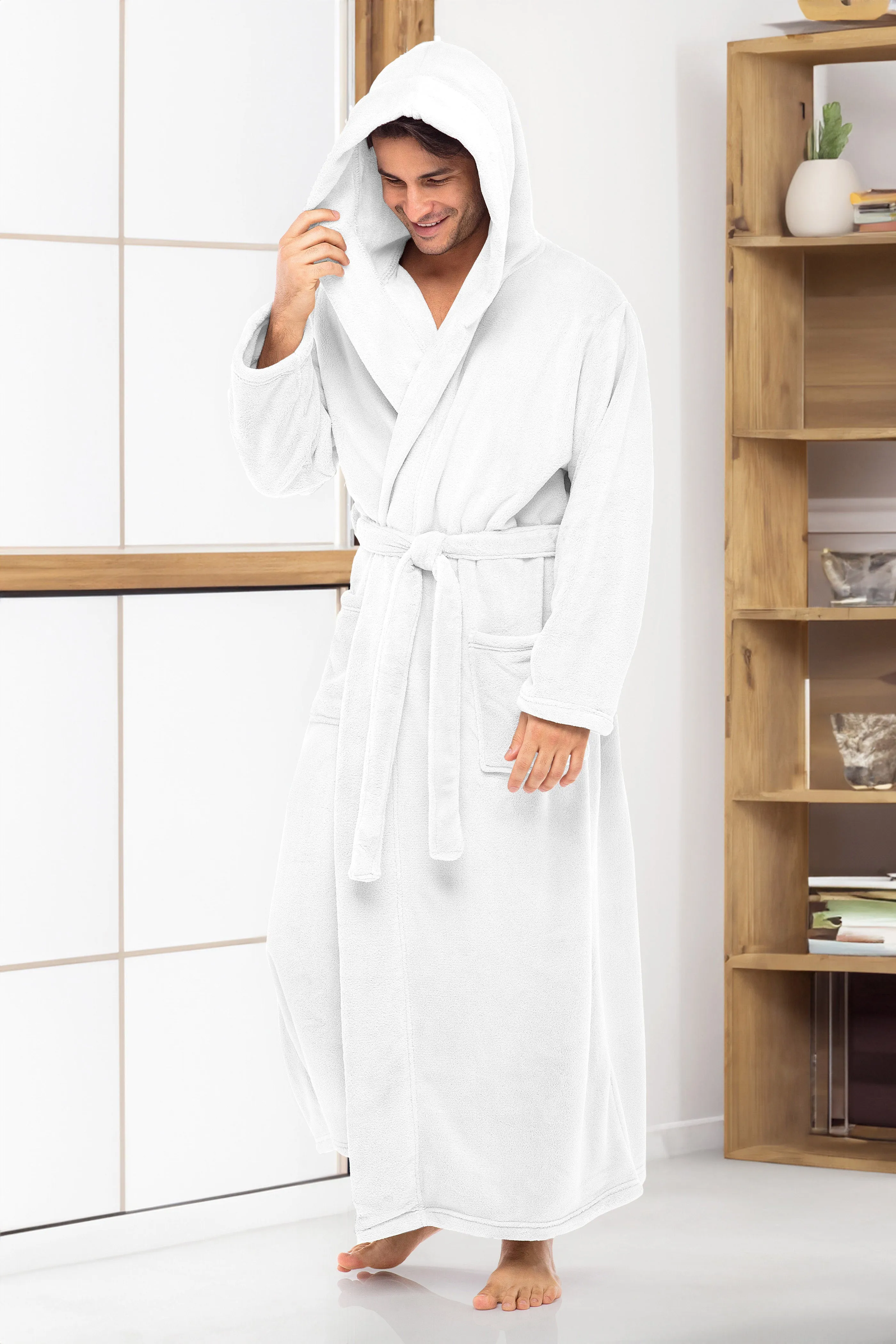 Men's Plush Fleece Hooded Bathrobe, Full Length Long Warm Lounge Robe with Hood