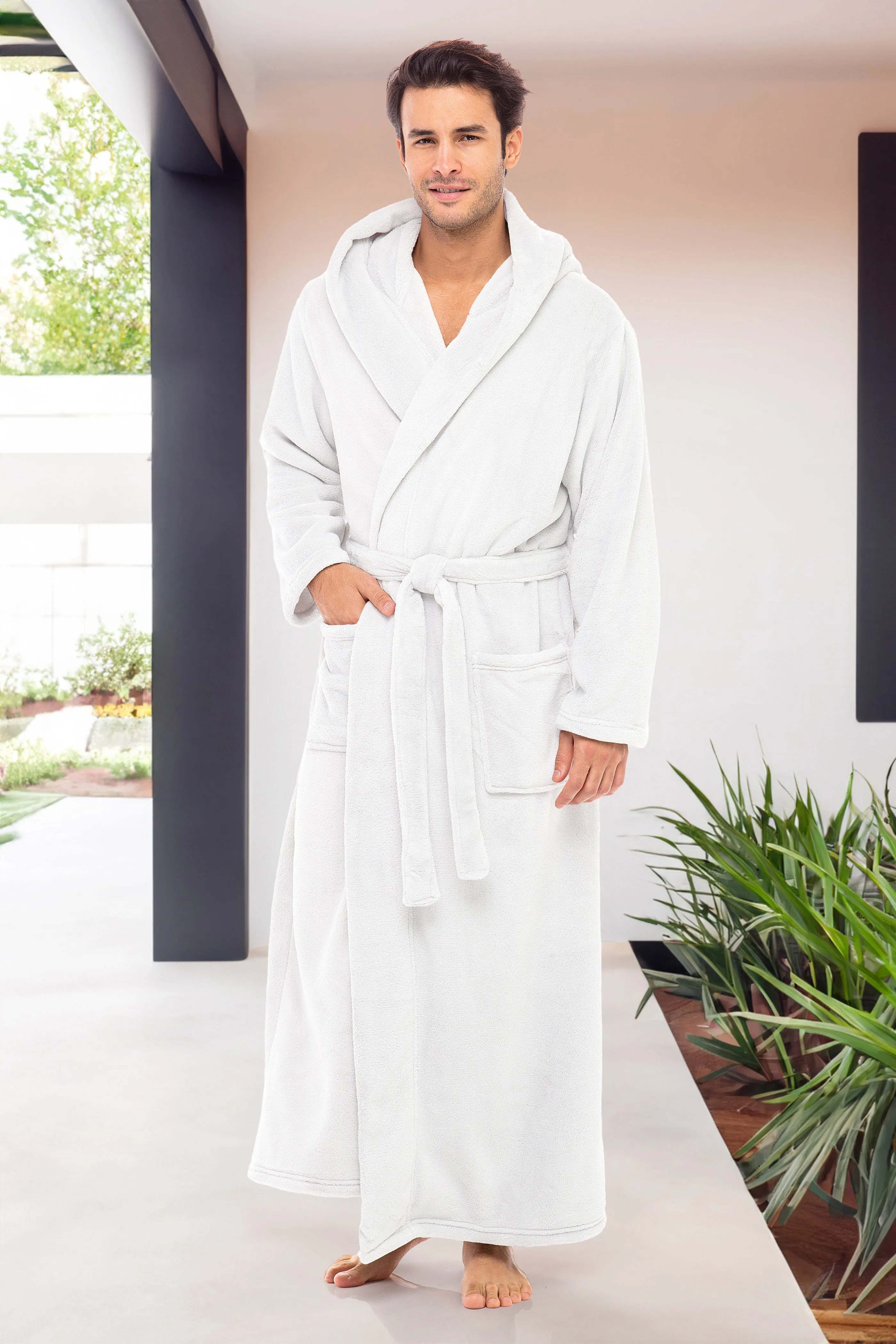 Men's Plush Fleece Hooded Bathrobe, Full Length Long Warm Lounge Robe with Hood