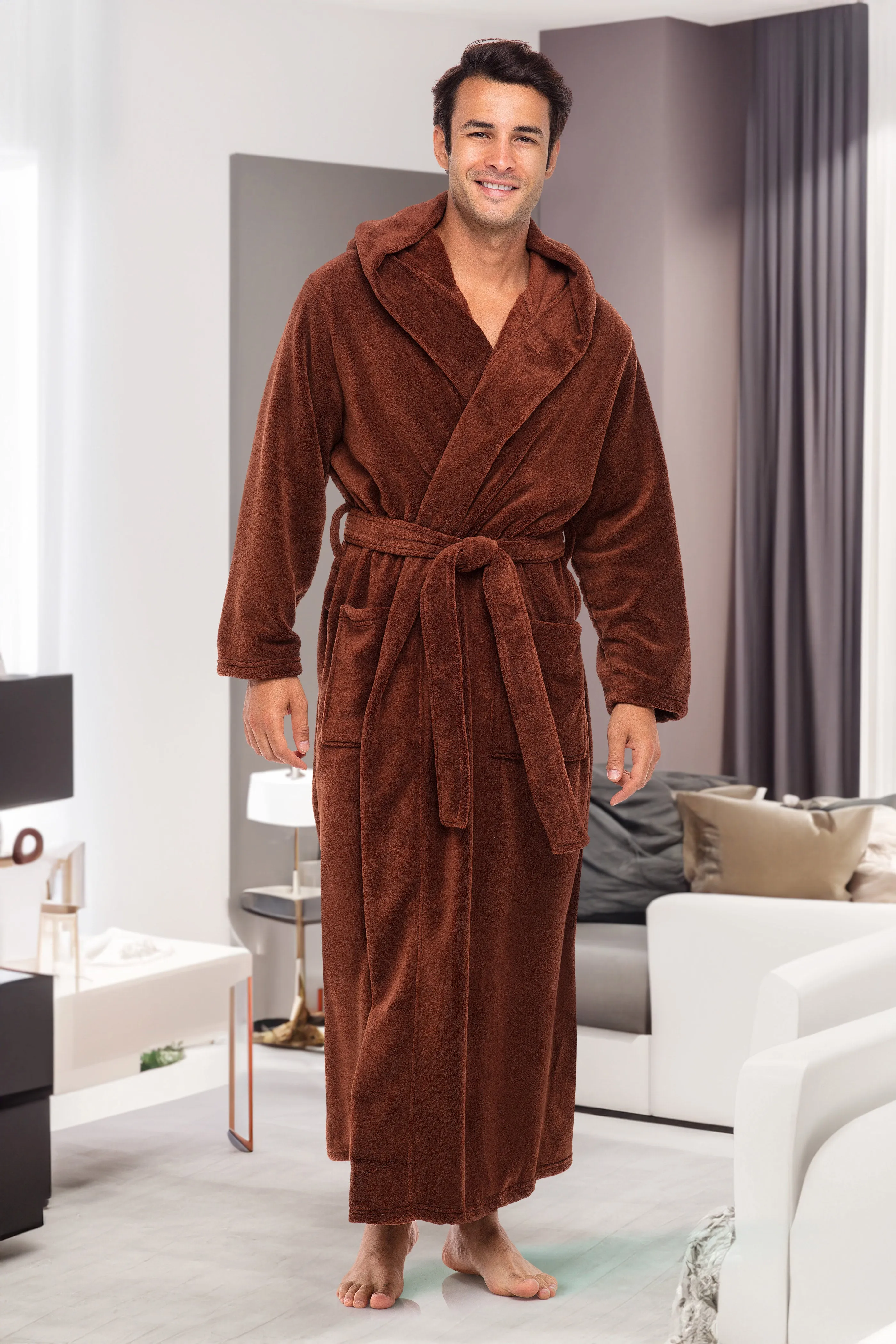 Men's Plush Fleece Hooded Bathrobe, Full Length Long Warm Lounge Robe with Hood