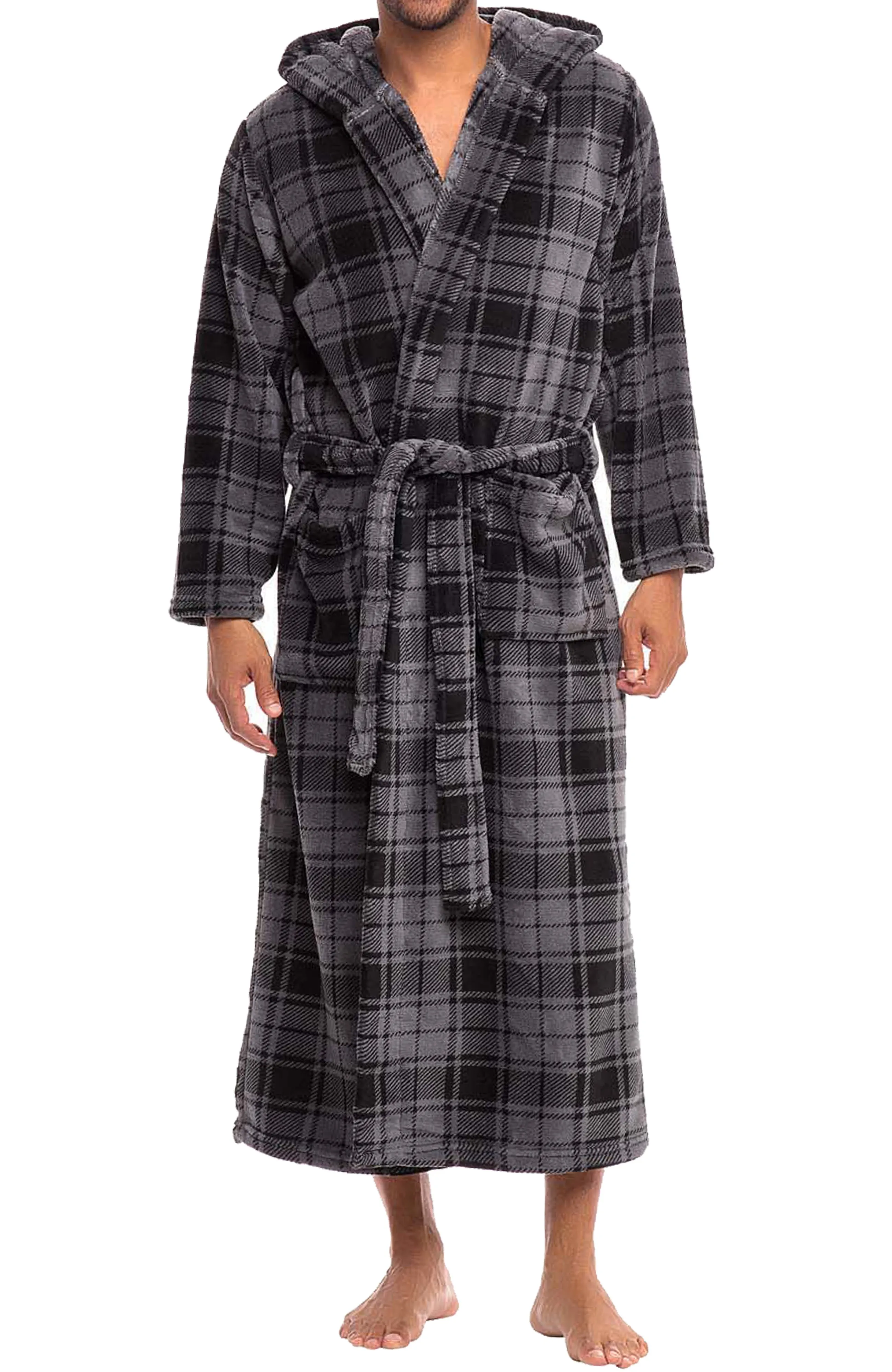 Men's Plush Fleece Hooded Bathrobe, Full Length Long Warm Lounge Robe with Hood