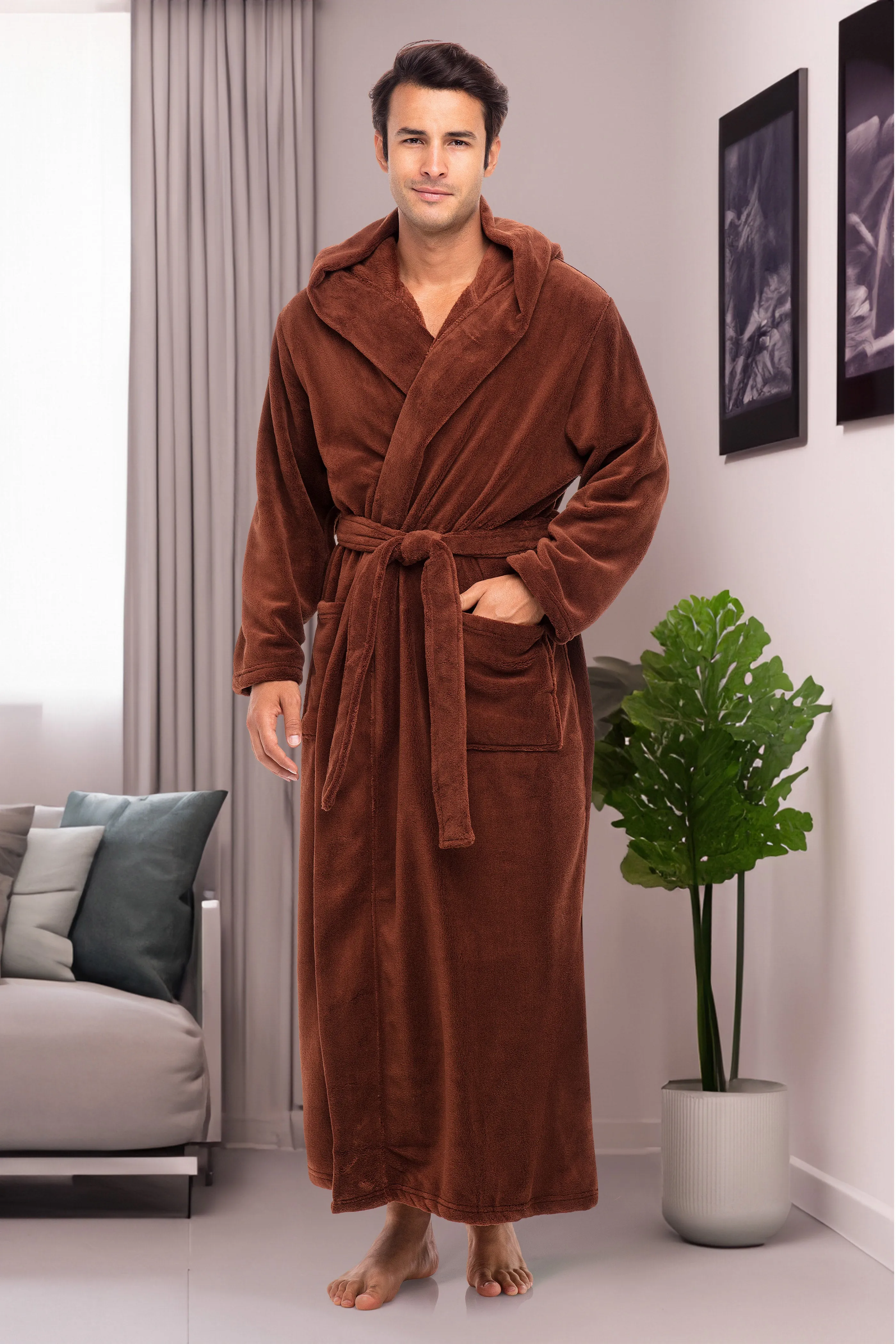 Men's Plush Fleece Hooded Bathrobe, Full Length Long Warm Lounge Robe with Hood