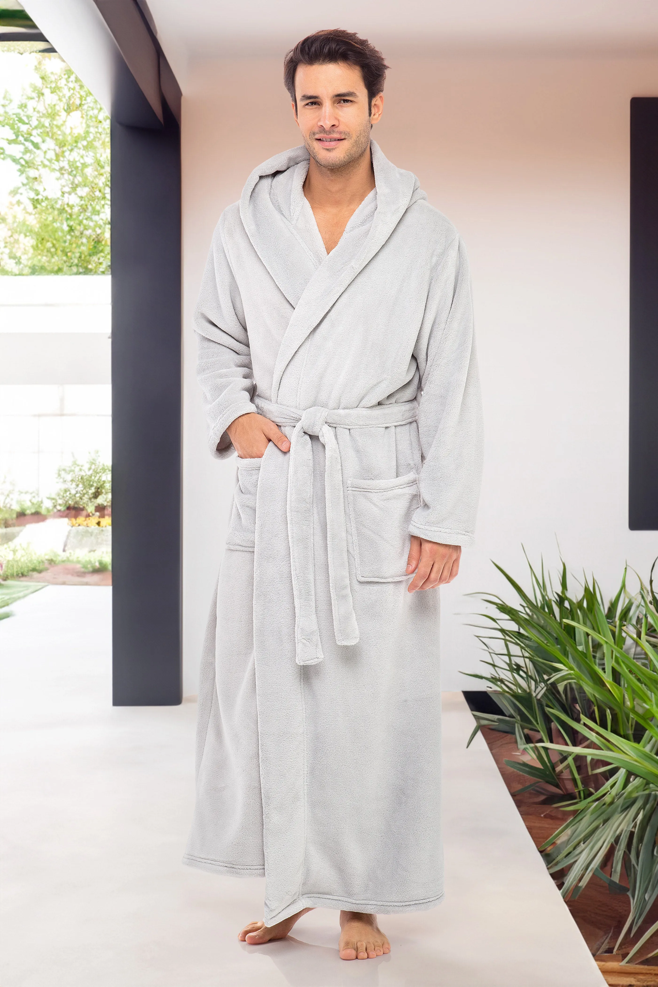 Men's Plush Fleece Hooded Bathrobe, Full Length Long Warm Lounge Robe with Hood