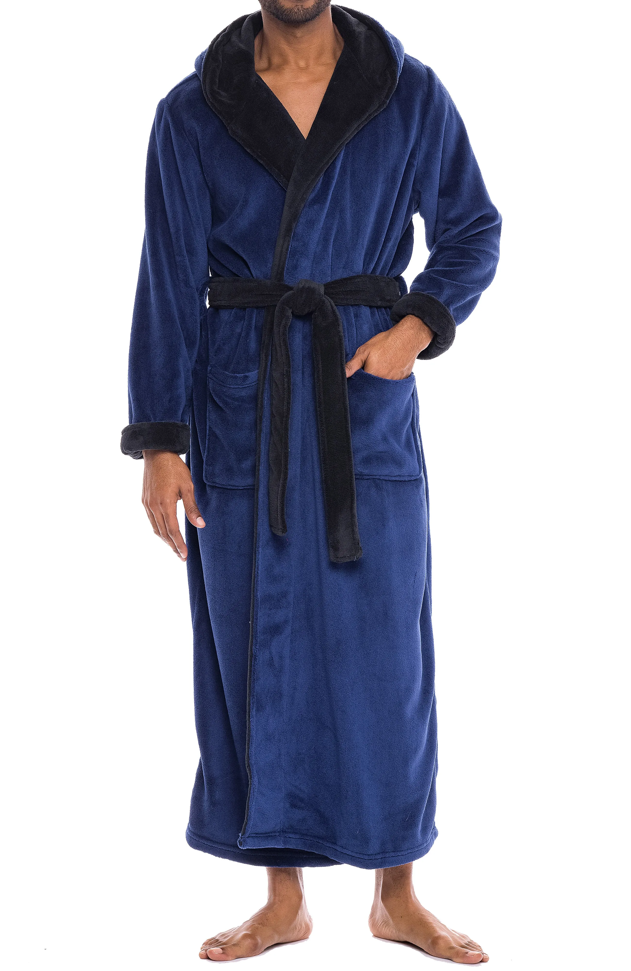 Men's Plush Fleece Hooded Bathrobe, Full Length Long Warm Lounge Robe with Hood