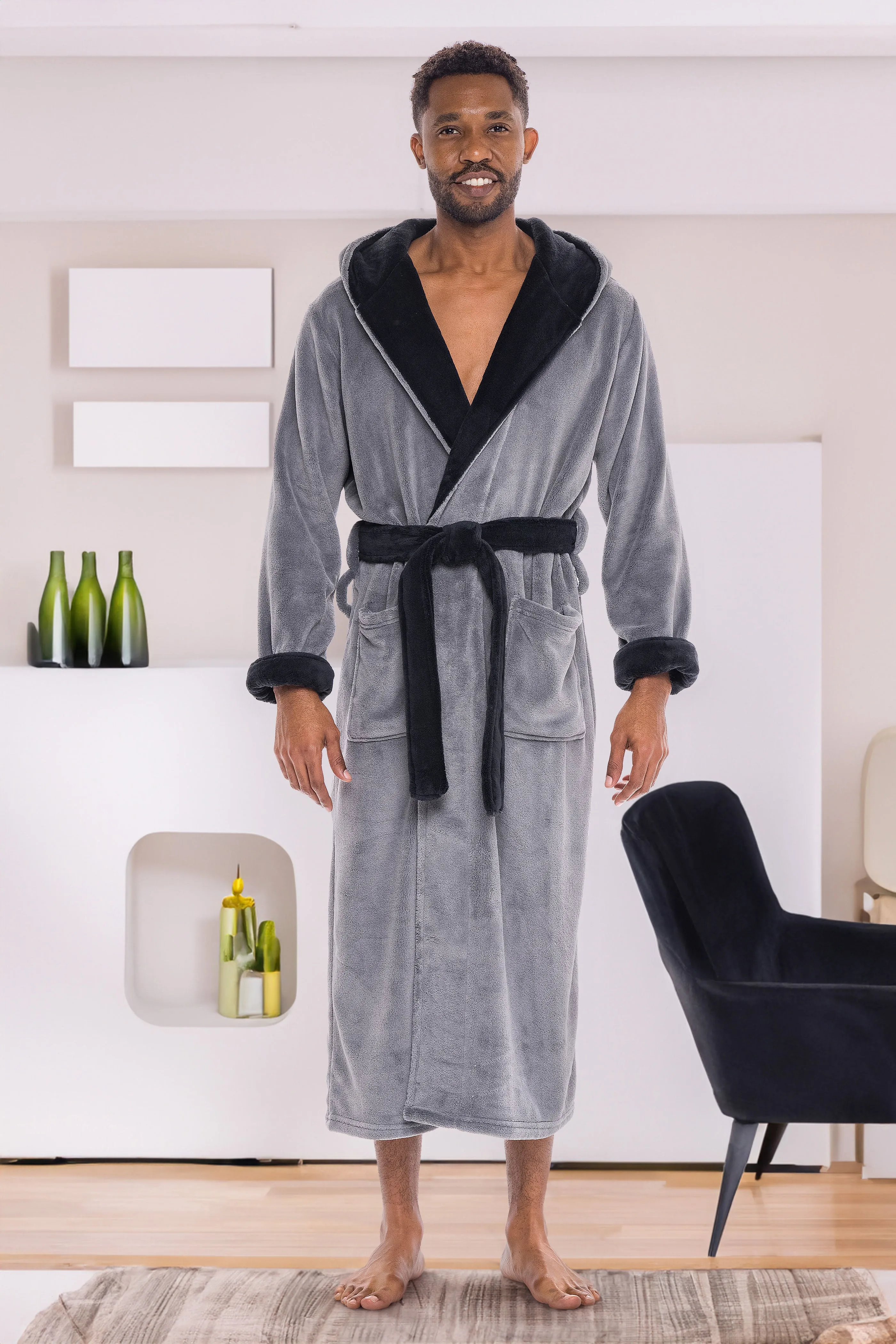 Men's Plush Fleece Hooded Bathrobe, Full Length Long Warm Lounge Robe with Hood