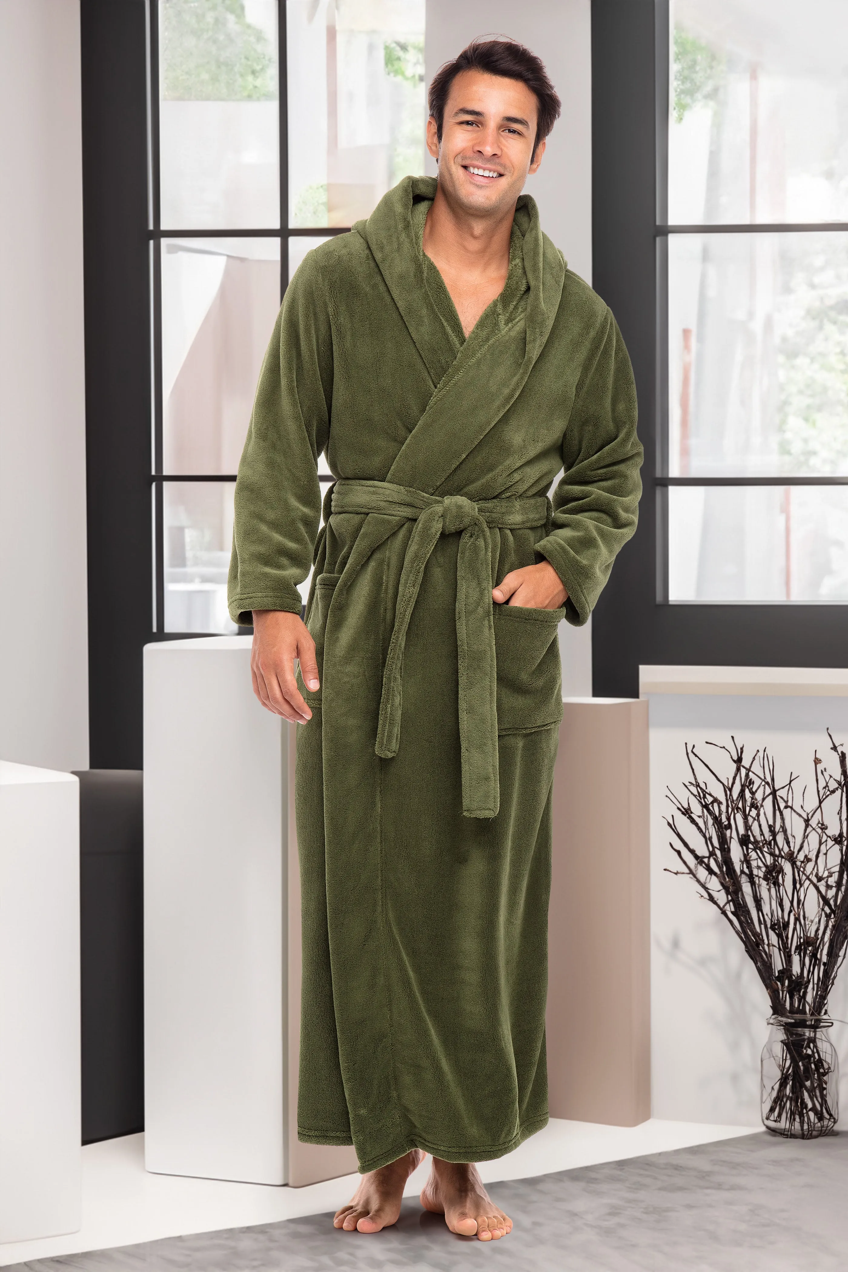 Men's Plush Fleece Hooded Bathrobe, Full Length Long Warm Lounge Robe with Hood