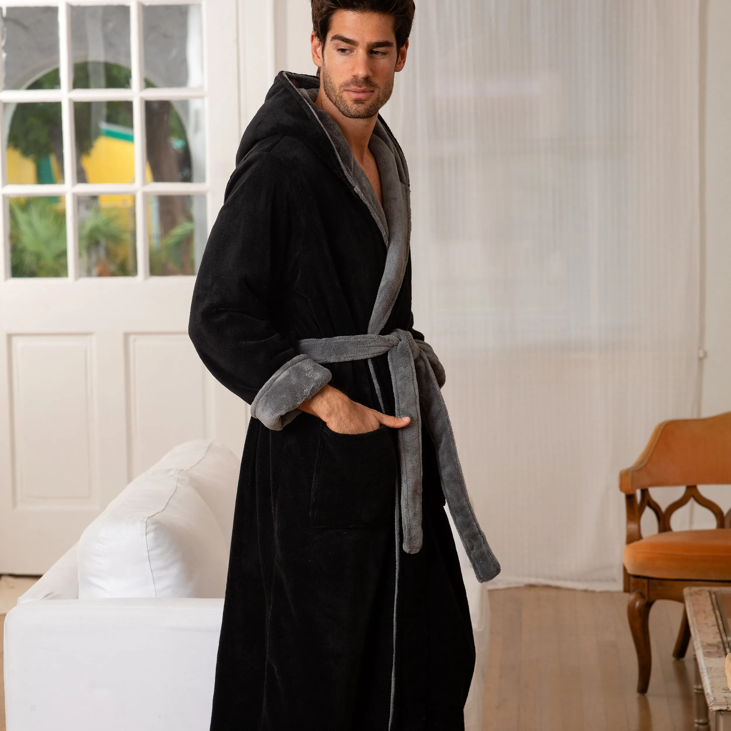 Men's Plush Fleece Hooded Bathrobe, Full Length Long Warm Lounge Robe with Hood