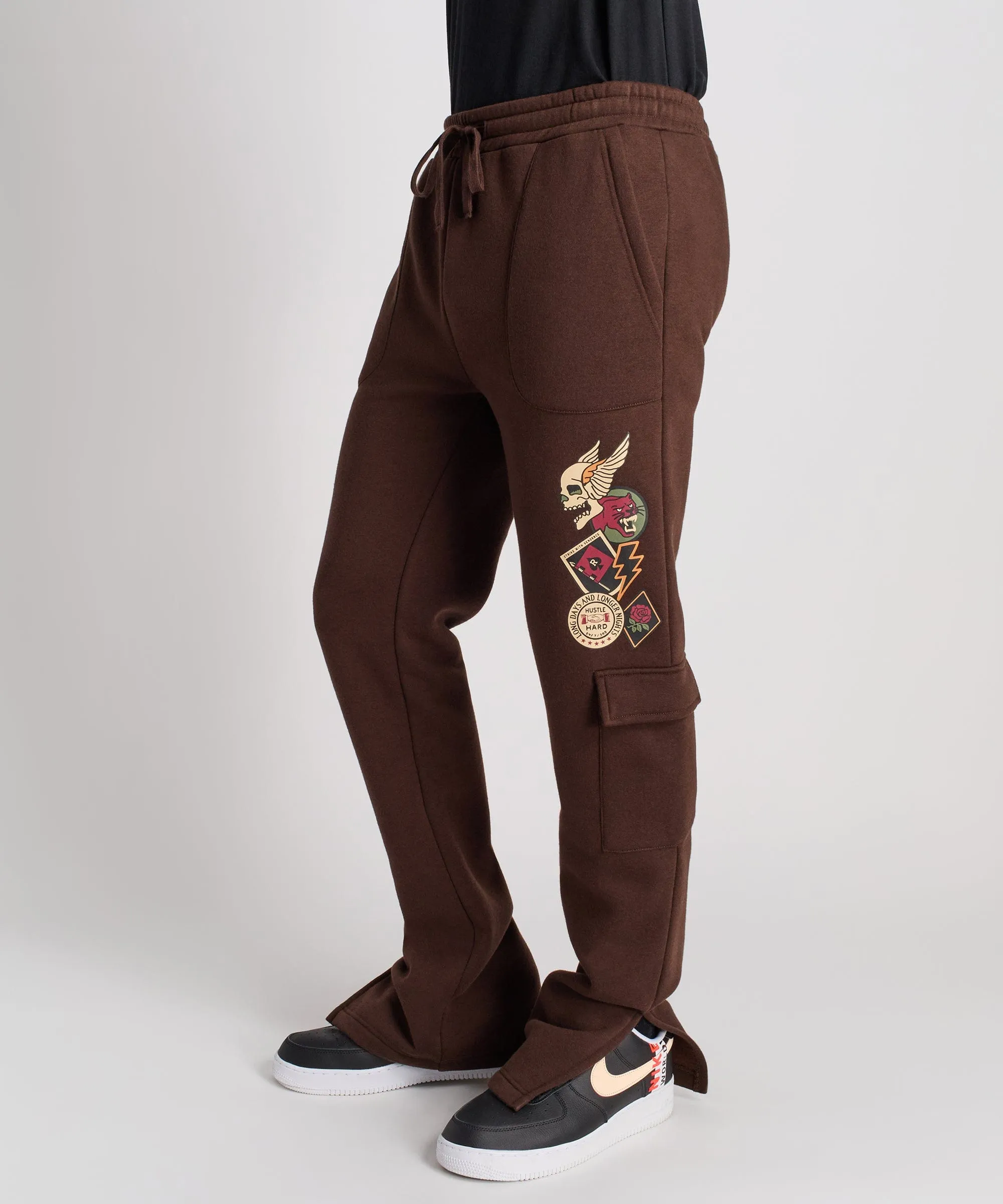 Military Patches Flare Fleece Pants - Brown