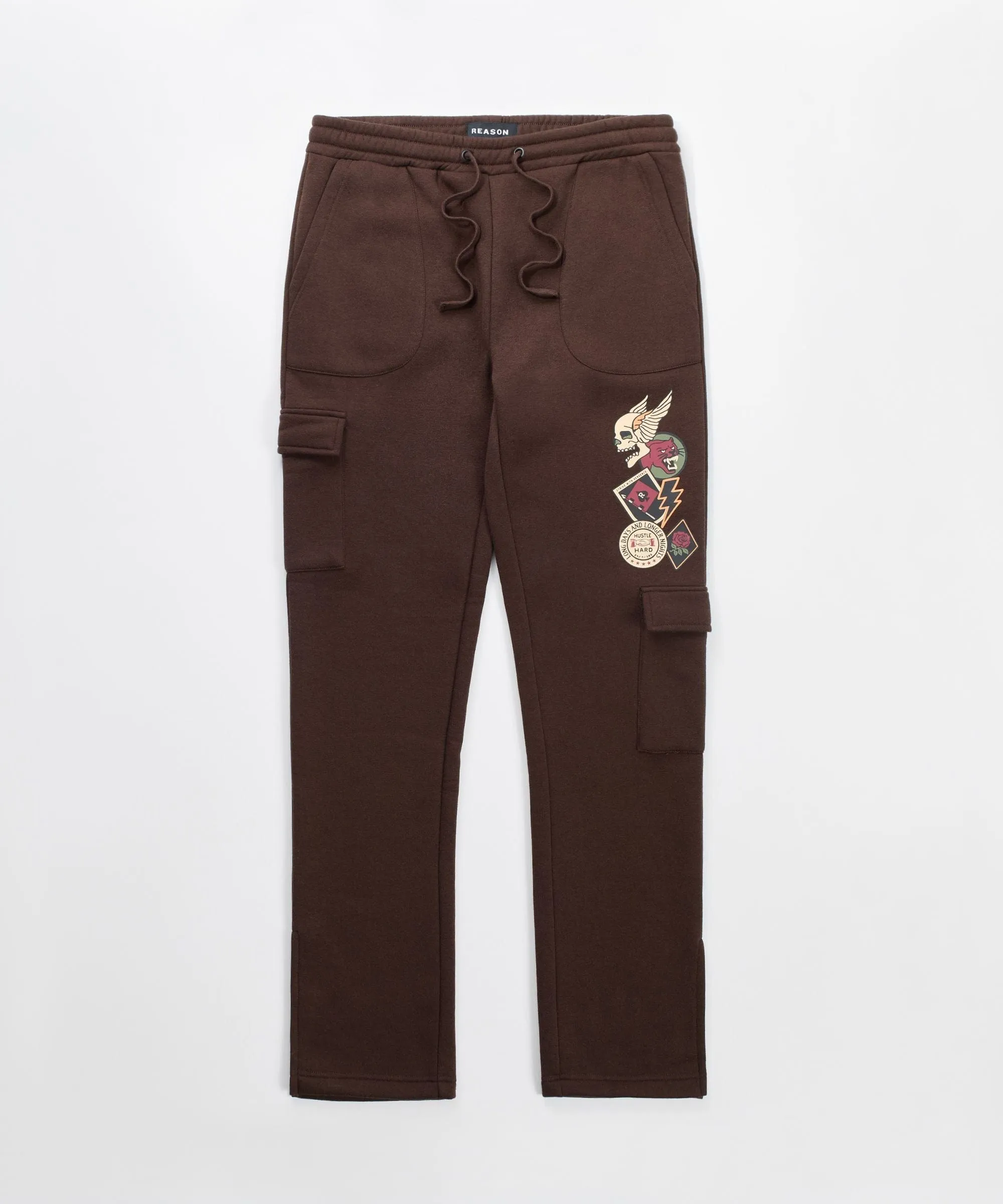 Military Patches Flare Fleece Pants - Brown