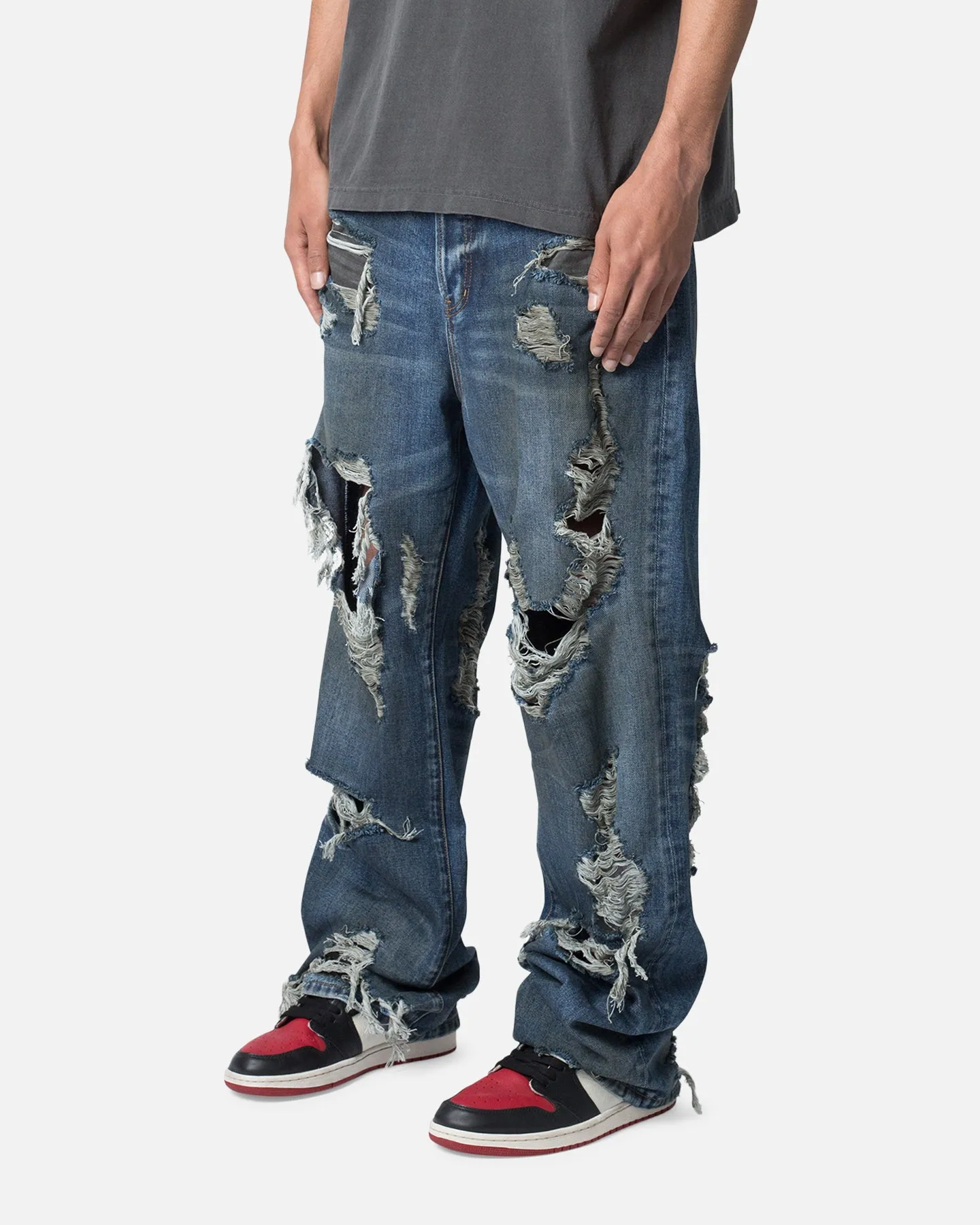 MNML Ultra Baggy Decimated Denim Jeans Blue