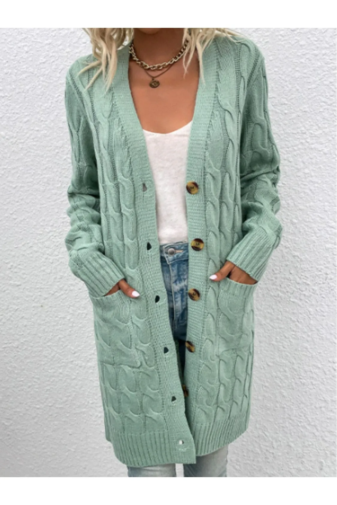 NicholesGifts Women Cable-Knit Button Down Cardigan with Pockets