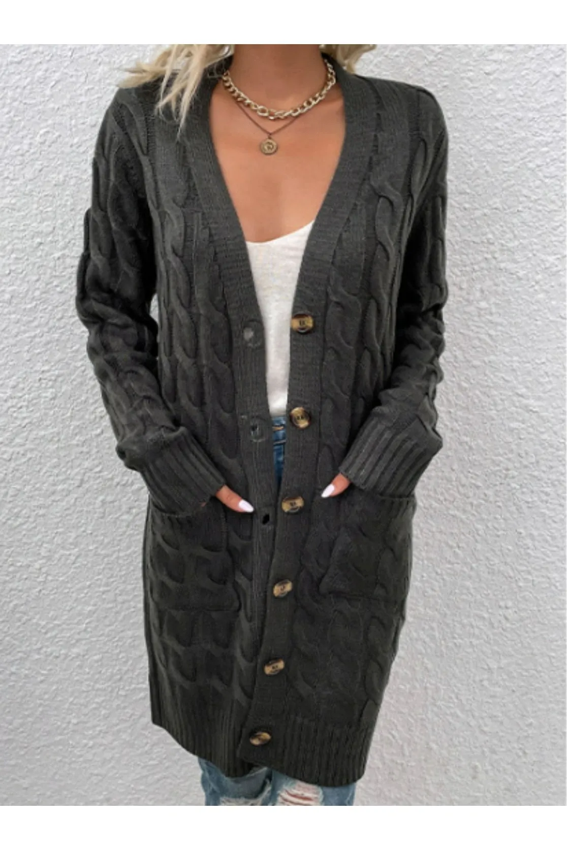 NicholesGifts Women Cable-Knit Button Down Cardigan with Pockets