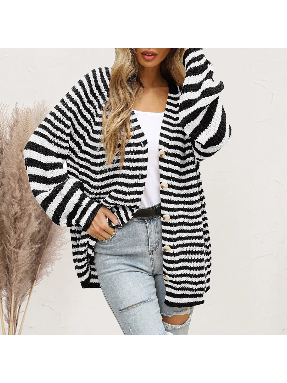 NicholesGifts Women Striped Button Down Long Sleeve Cardigan